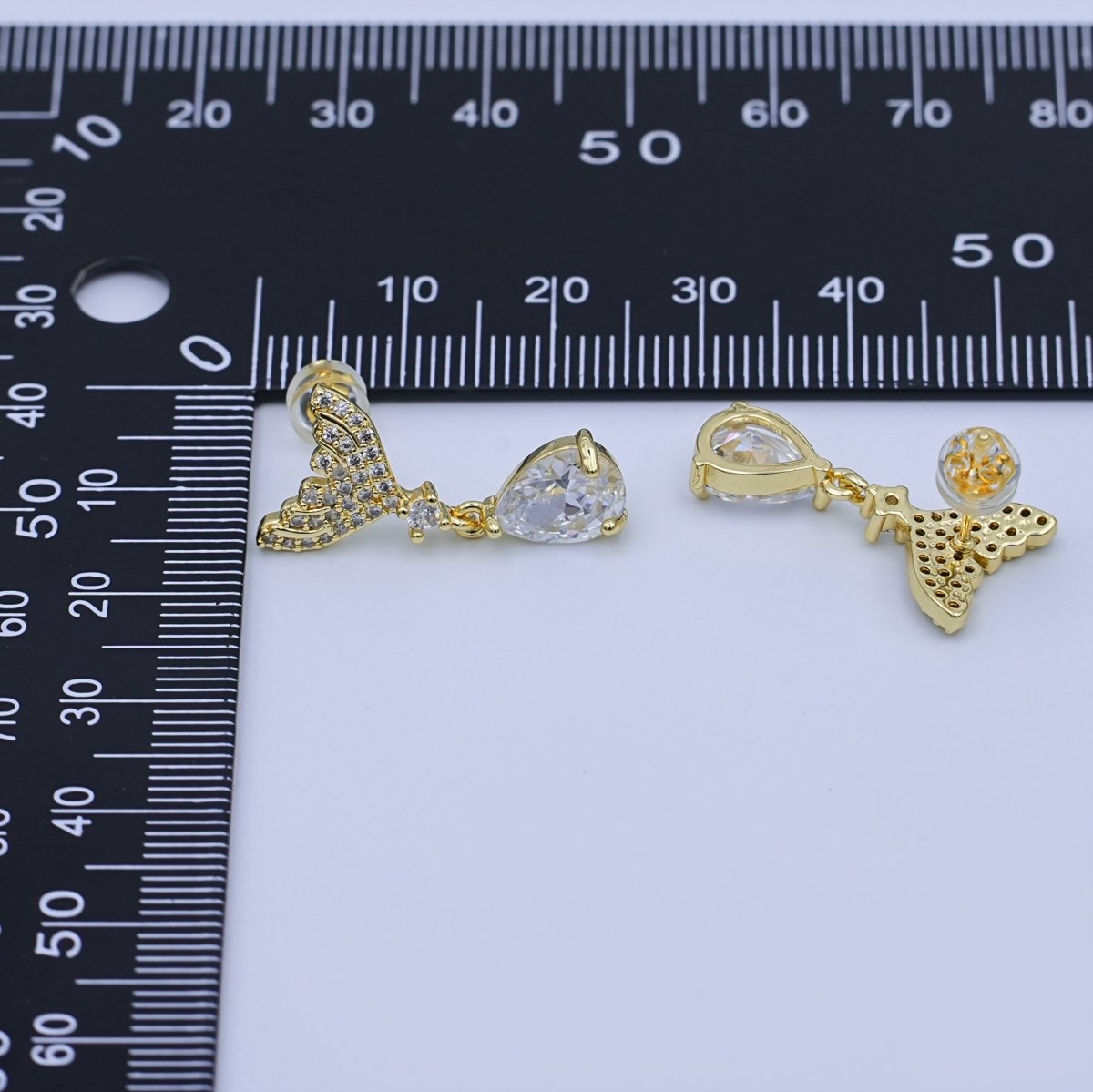 24K Gold Filled Clear Micro Paved CZ Fish Tail Drop Stud Earrings | T477 - DLUXCA