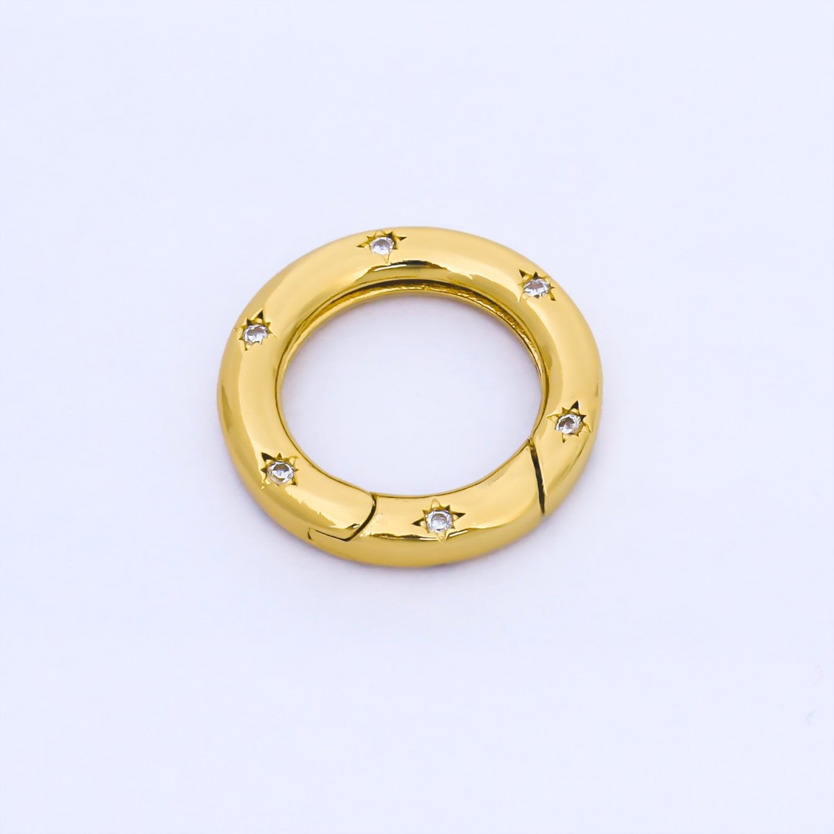 24K Gold Filled Clear Micro Paved CZ Round Spring Gate Ring Charm Holder Z1489 - DLUXCA