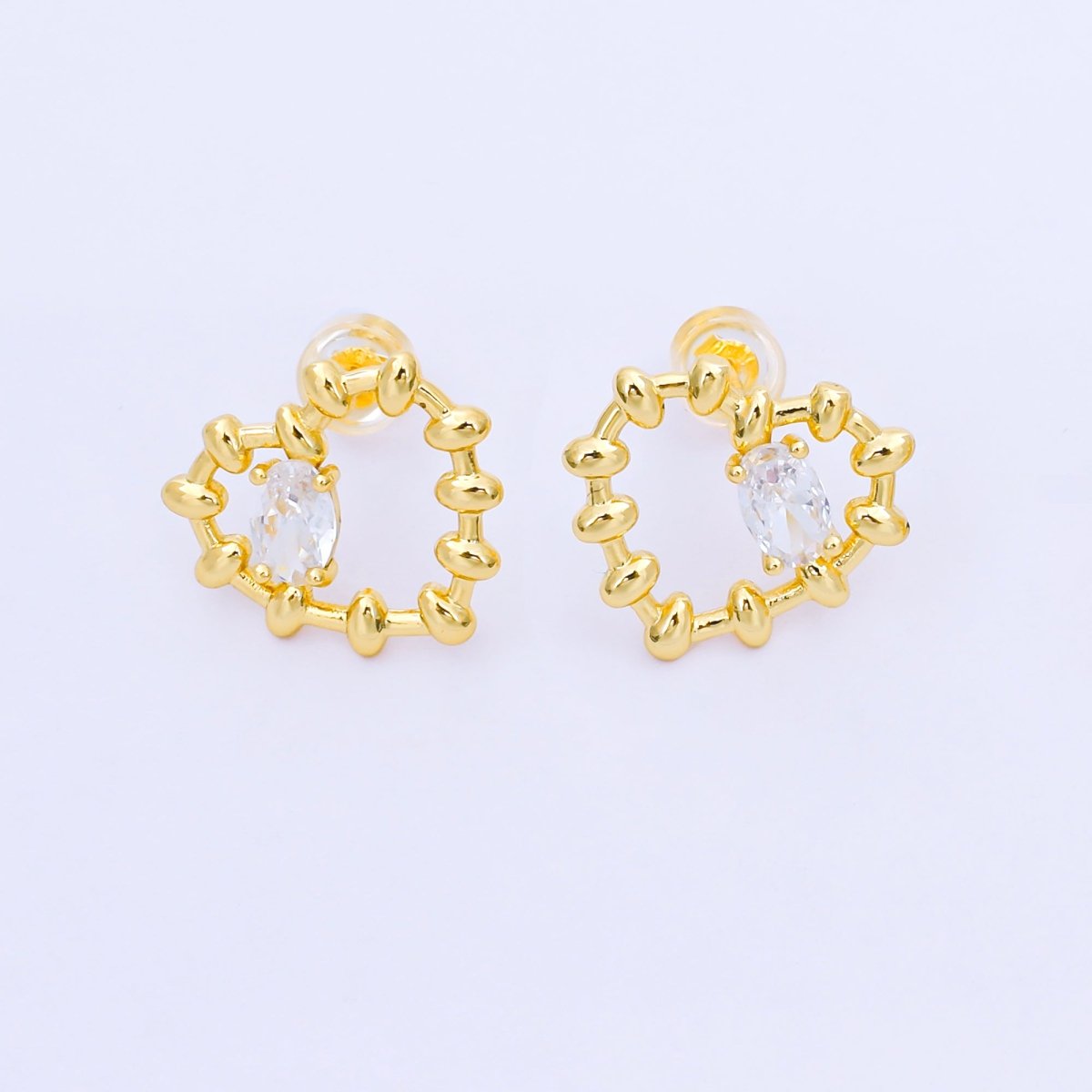 24K Gold Filled Clear Oval CZ Rondelle Lined Open Heart Stud Earrings | AI448 - DLUXCA