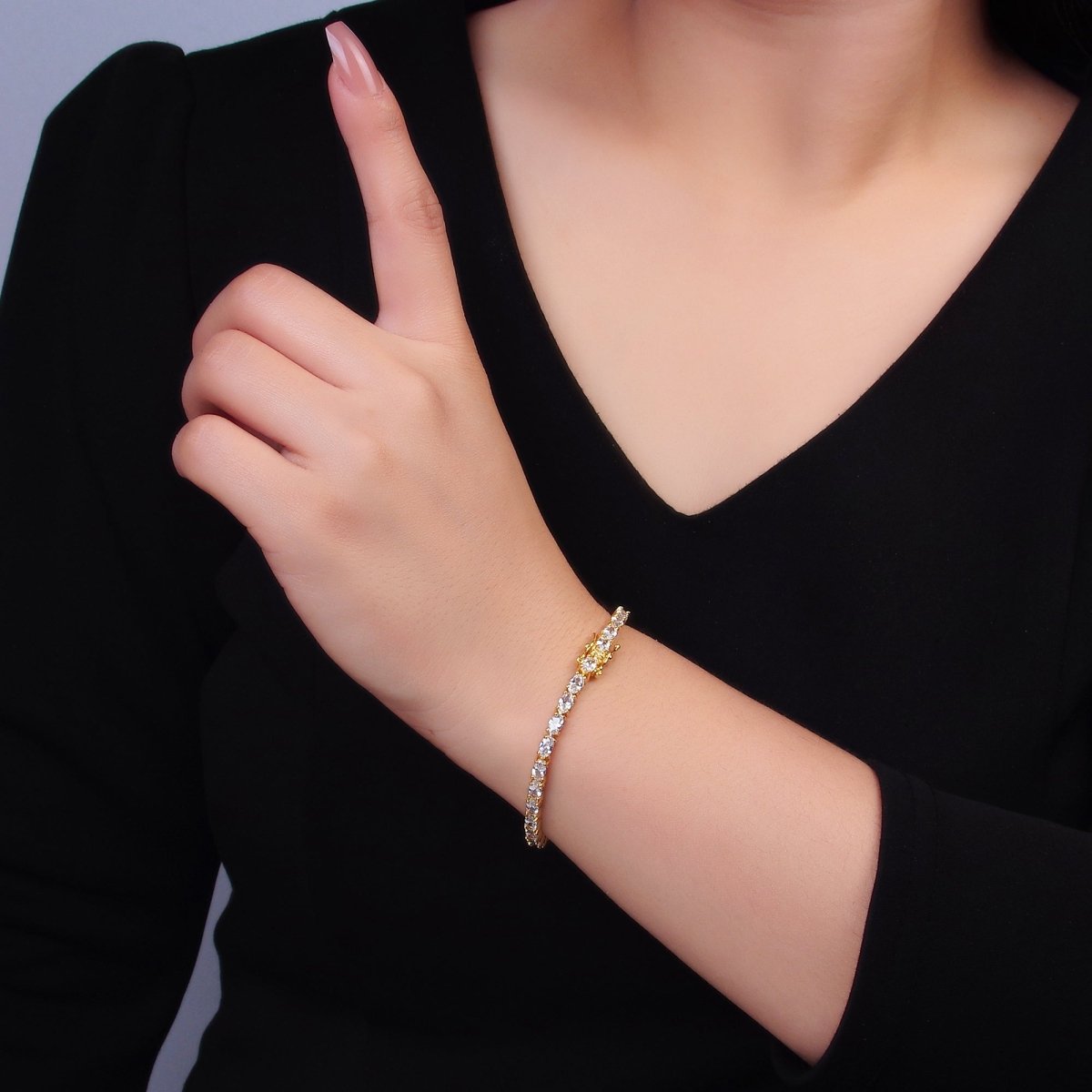 24K Gold Filled Clear Oval CZ Tennis Chain Bracelet in Gold & Silver | WA - 3032 WA - 3033 - DLUXCA