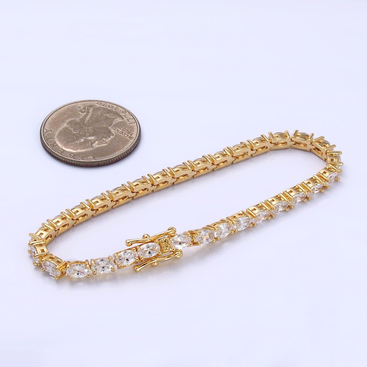 24K Gold Filled Clear Oval CZ Tennis Chain Bracelet in Gold & Silver | WA - 3032 WA - 3033 - DLUXCA