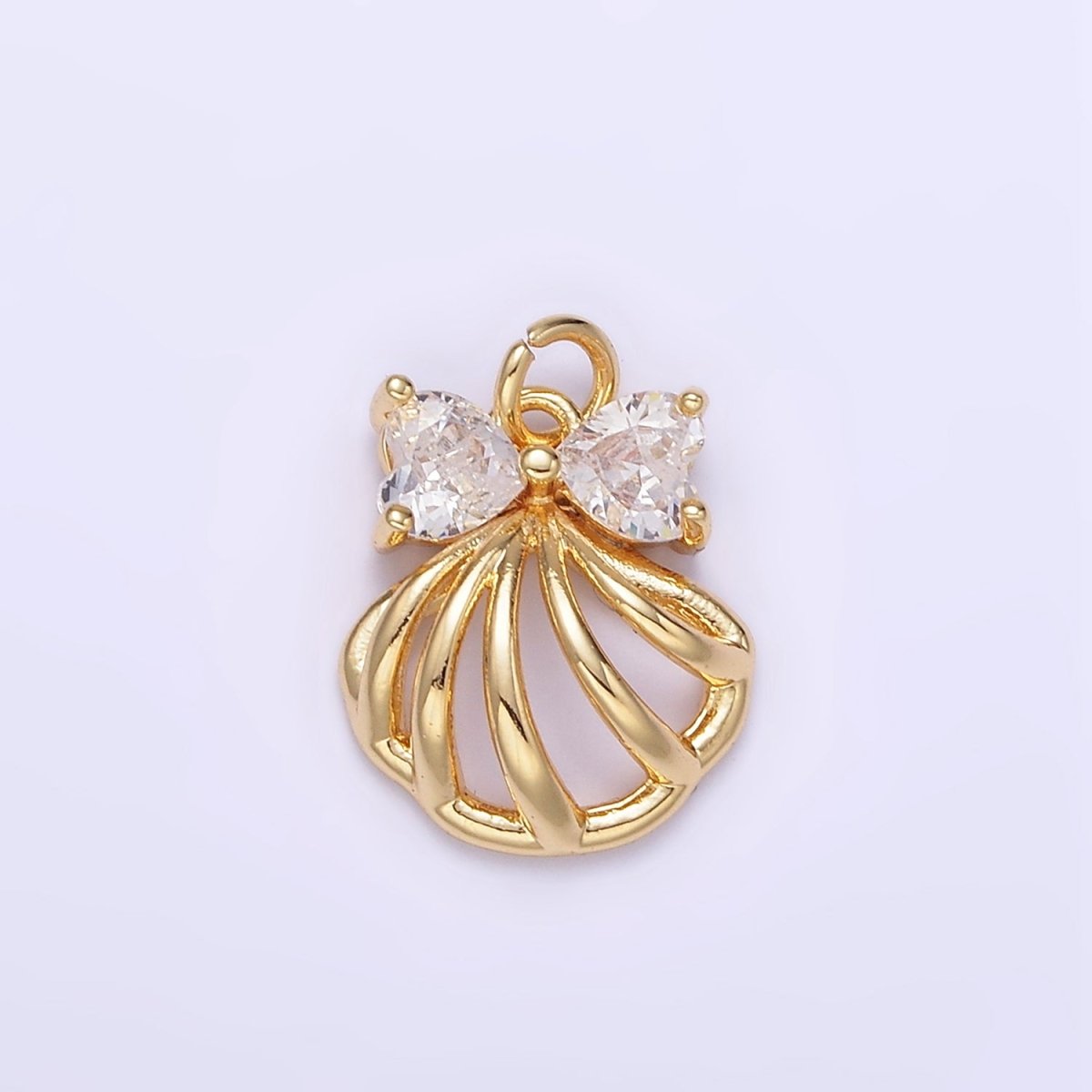 24K Gold Filled Clear, Pink CZ Heart Bow Clam Sea Shell Open Charm | AG851 - DLUXCA