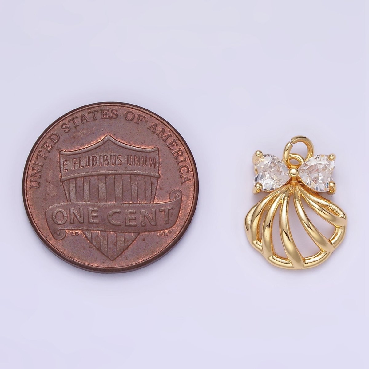 24K Gold Filled Clear, Pink CZ Heart Bow Clam Sea Shell Open Charm | AG851 - DLUXCA