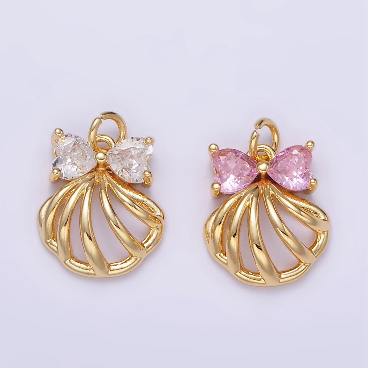 24K Gold Filled Clear, Pink CZ Heart Bow Clam Sea Shell Open Charm | AG851 - DLUXCA