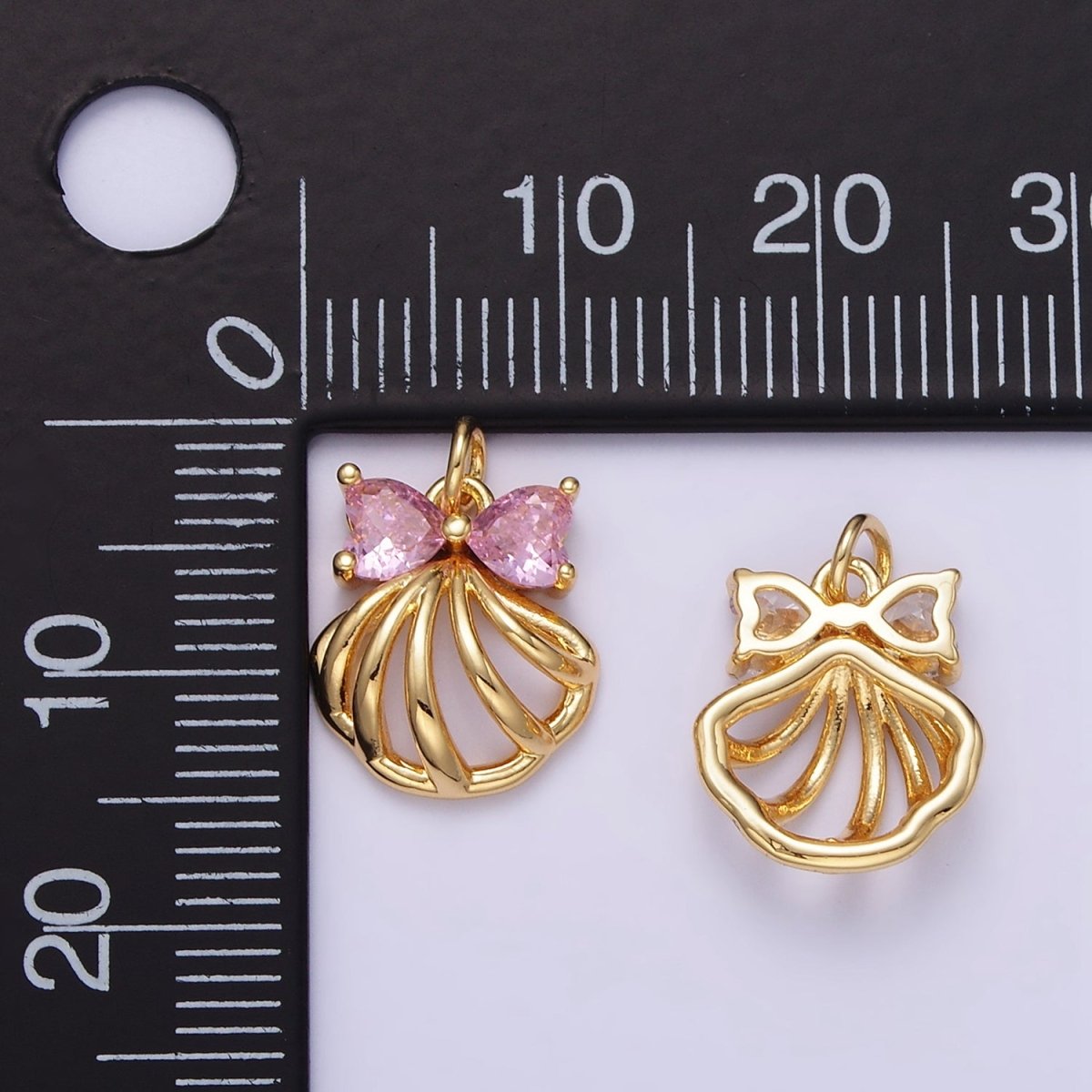 24K Gold Filled Clear, Pink CZ Heart Bow Clam Sea Shell Open Charm | AG851 - DLUXCA