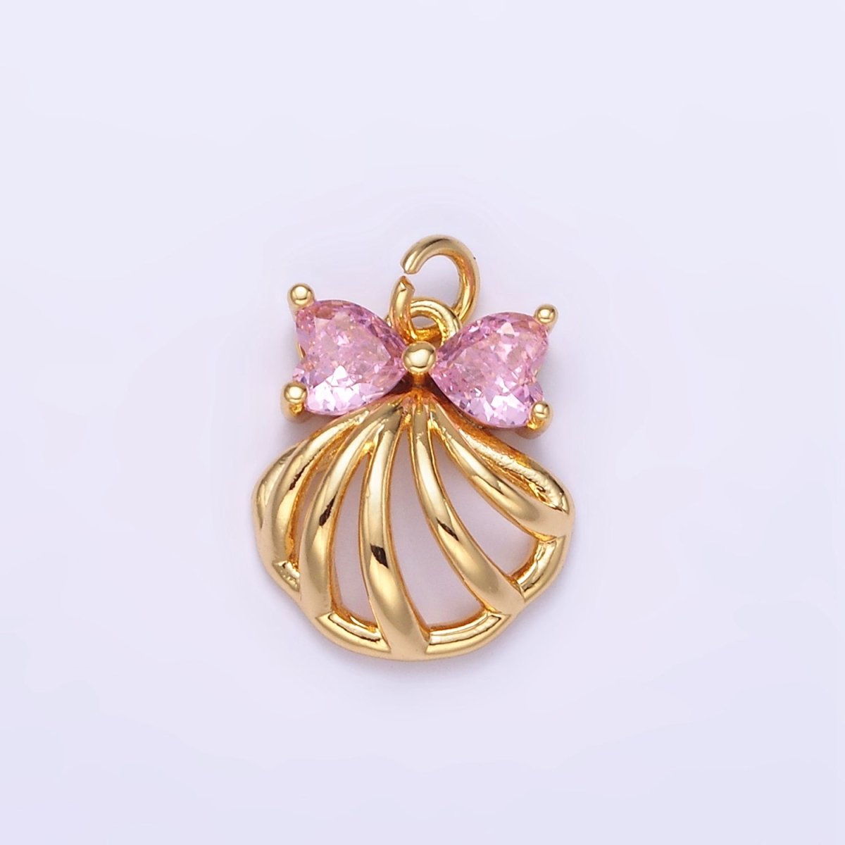 24K Gold Filled Clear, Pink CZ Heart Bow Clam Sea Shell Open Charm | AG851 - DLUXCA