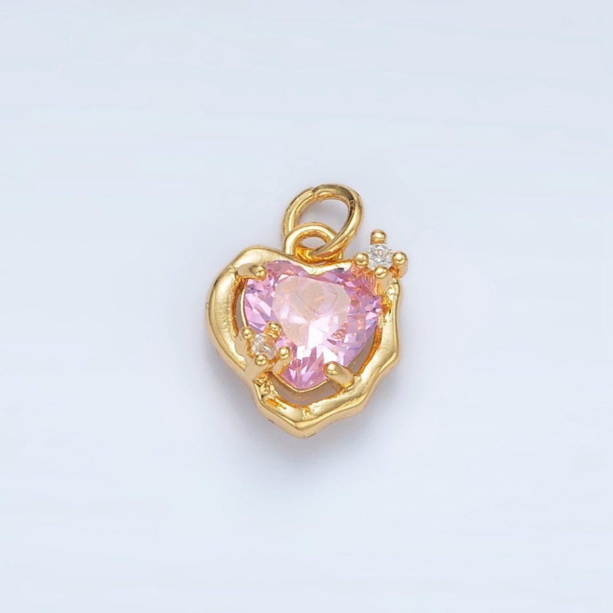 24K Gold Filled Clear, Pink CZ Molten Bezel Heart Mini Charm | AC129 - DLUXCA