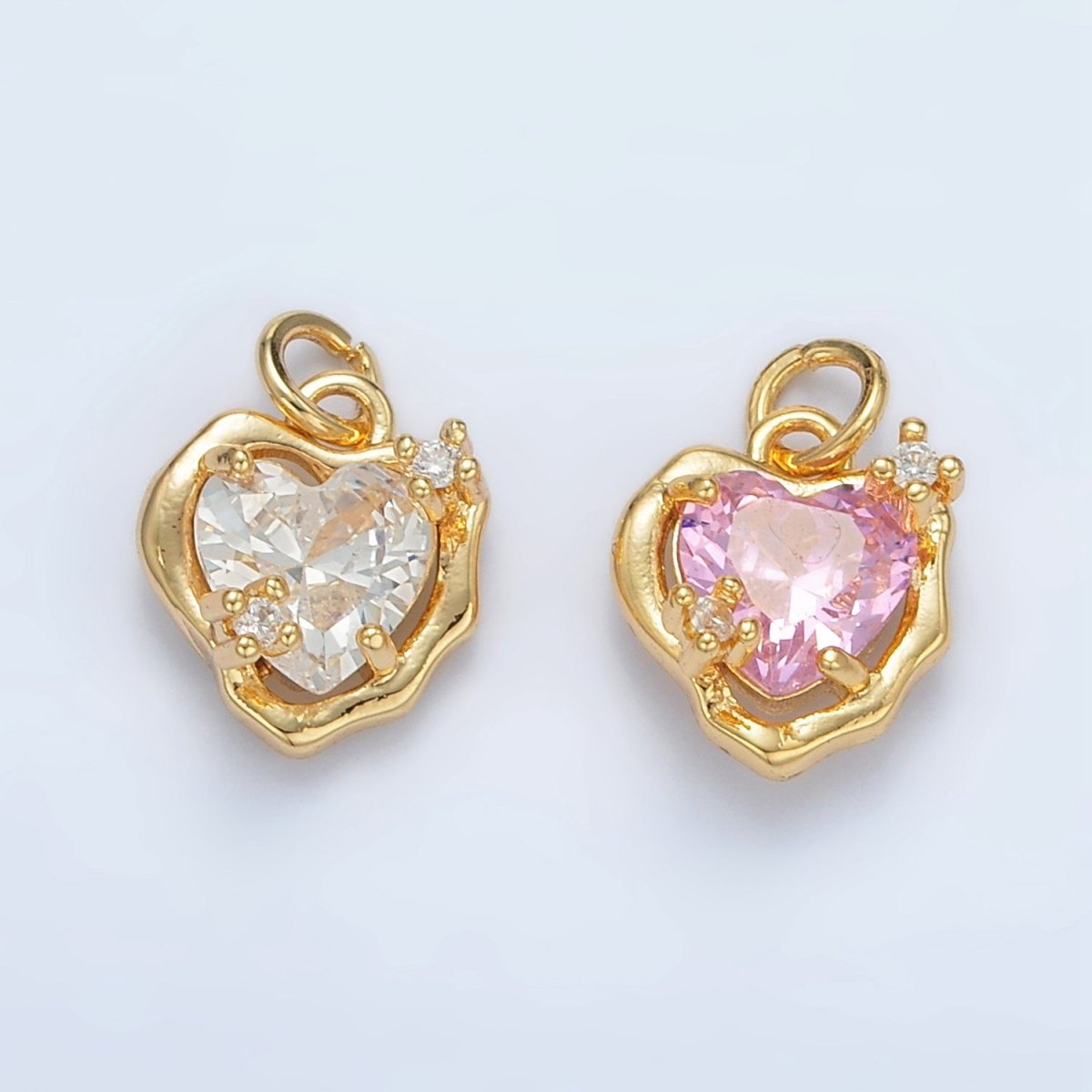 24K Gold Filled Clear, Pink CZ Molten Bezel Heart Mini Charm | AC129 - DLUXCA
