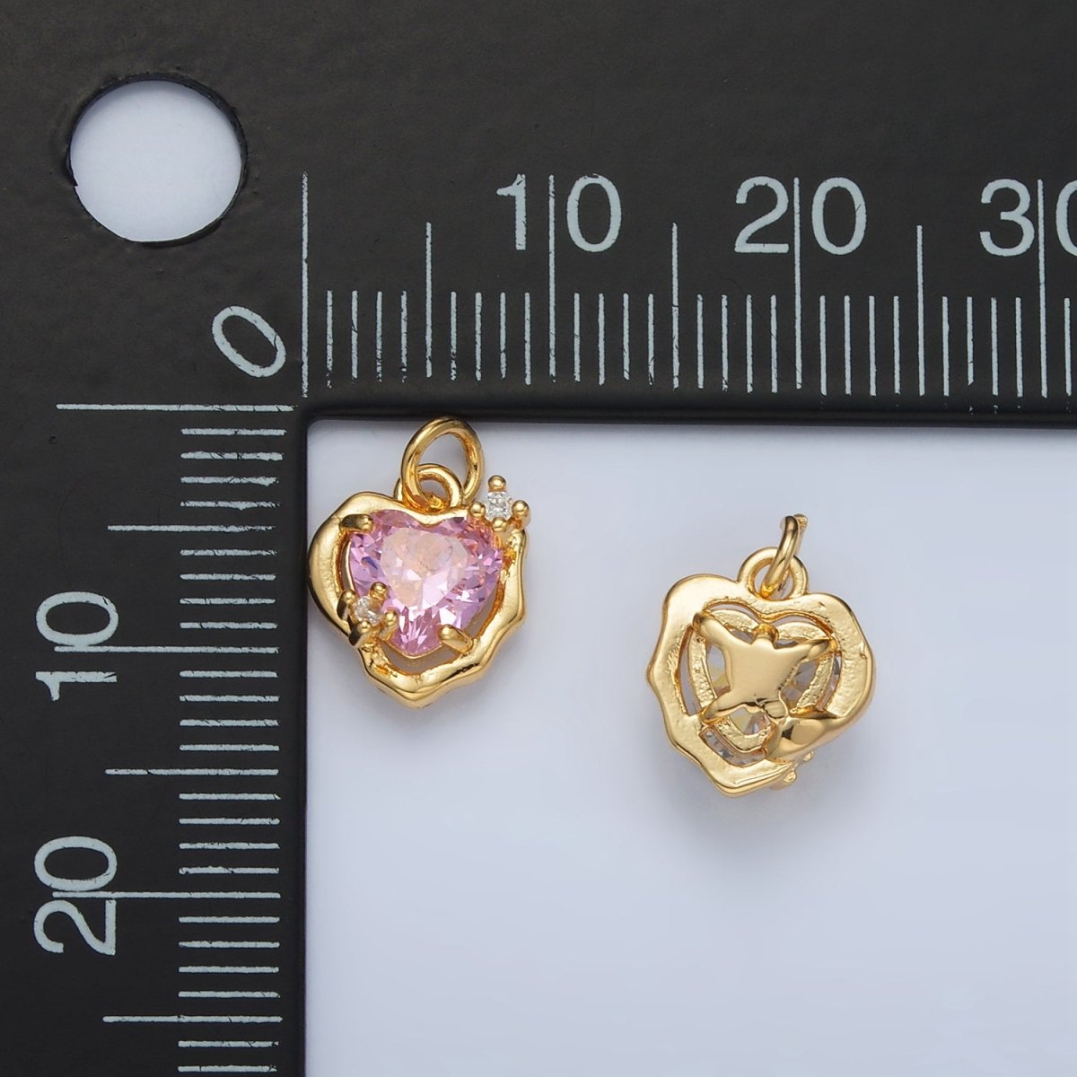 24K Gold Filled Clear, Pink CZ Molten Bezel Heart Mini Charm | AC129 - DLUXCA
