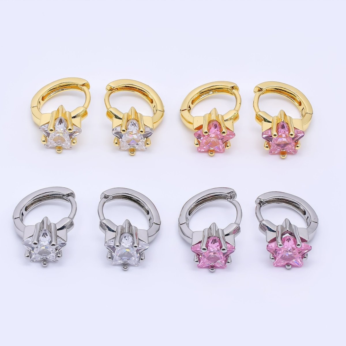 24K Gold Filled Clear & Pink CZ Star Huggie Hoops Earrings in Gold & Silver | AI - 449 AI - 450 AI - 453 AI - 454 - DLUXCA