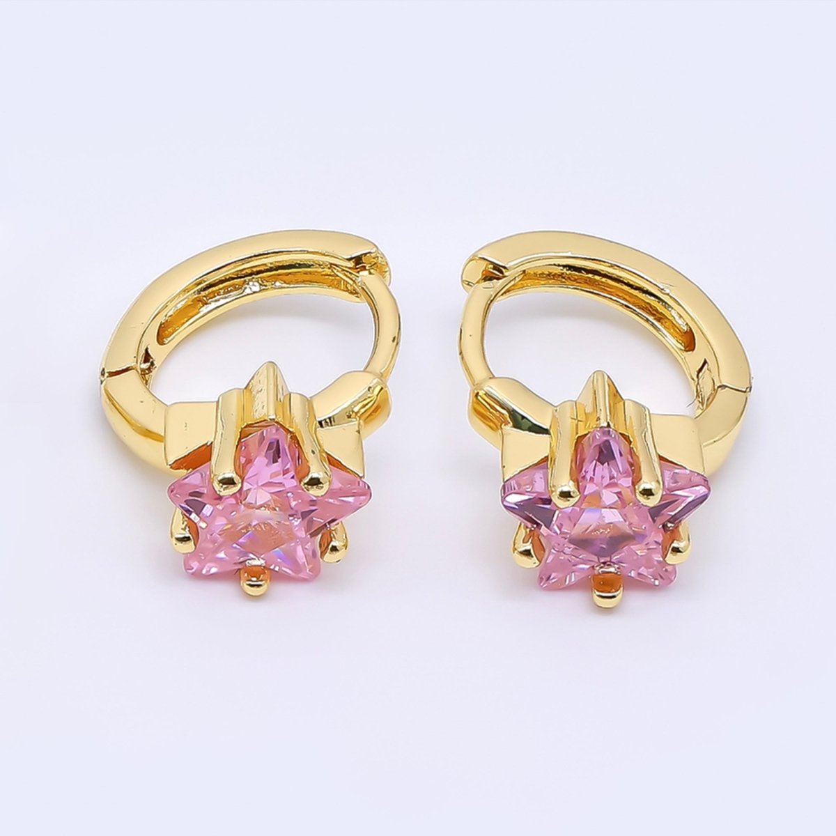 24K Gold Filled Clear & Pink CZ Star Huggie Hoops Earrings in Gold & Silver | AI - 449 AI - 450 AI - 453 AI - 454 - DLUXCA