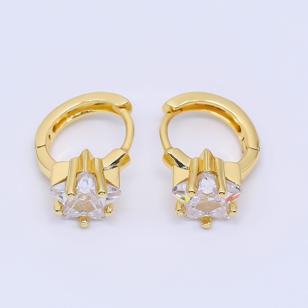 24K Gold Filled Clear & Pink CZ Star Huggie Hoops Earrings in Gold & Silver | AI - 449 AI - 450 AI - 453 AI - 454 - DLUXCA
