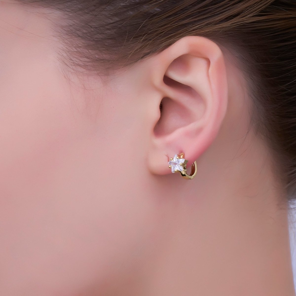 24K Gold Filled Clear & Pink CZ Star Huggie Hoops Earrings in Gold & Silver | AI - 449 AI - 450 AI - 453 AI - 454 - DLUXCA