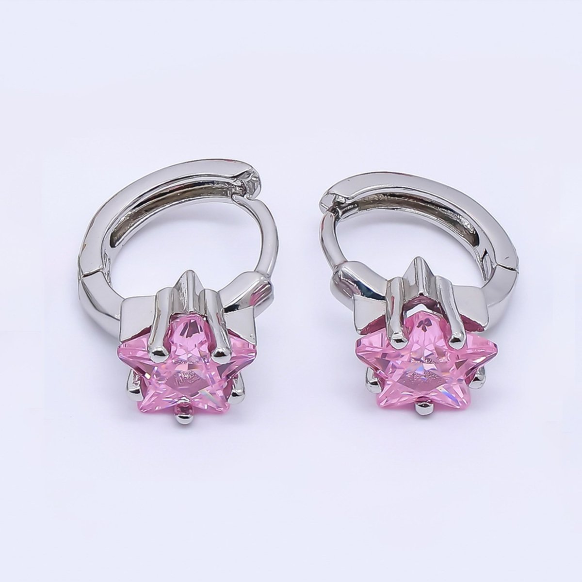 24K Gold Filled Clear & Pink CZ Star Huggie Hoops Earrings in Gold & Silver | AI - 449 AI - 450 AI - 453 AI - 454 - DLUXCA