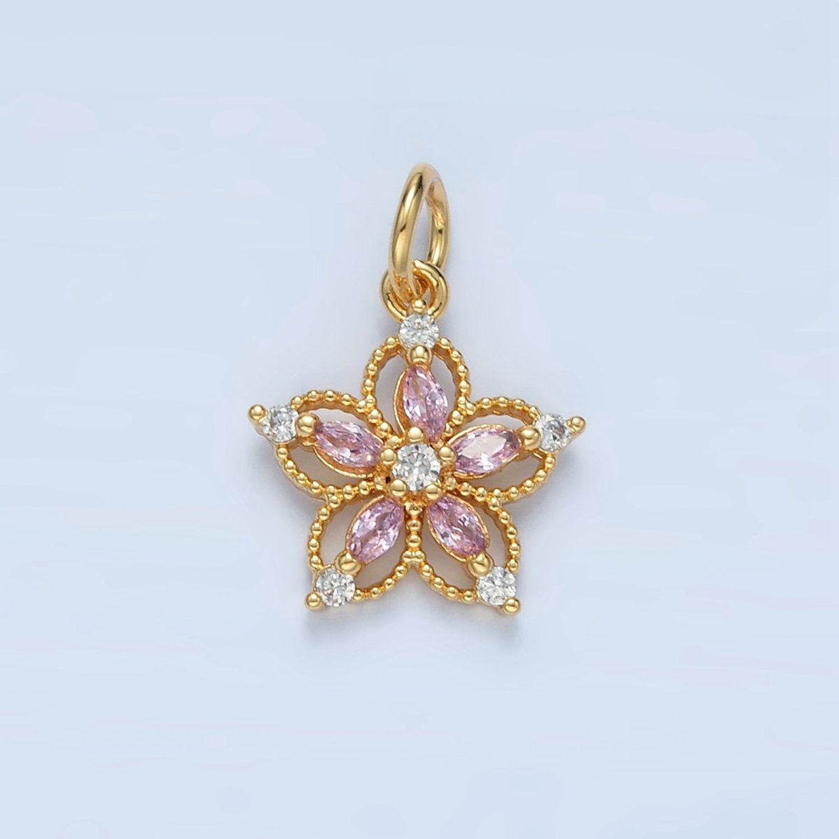 24K Gold Filled Clear, Pink, Purple CZ Marquise Open Flower Charm | N1378 - DLUXCA