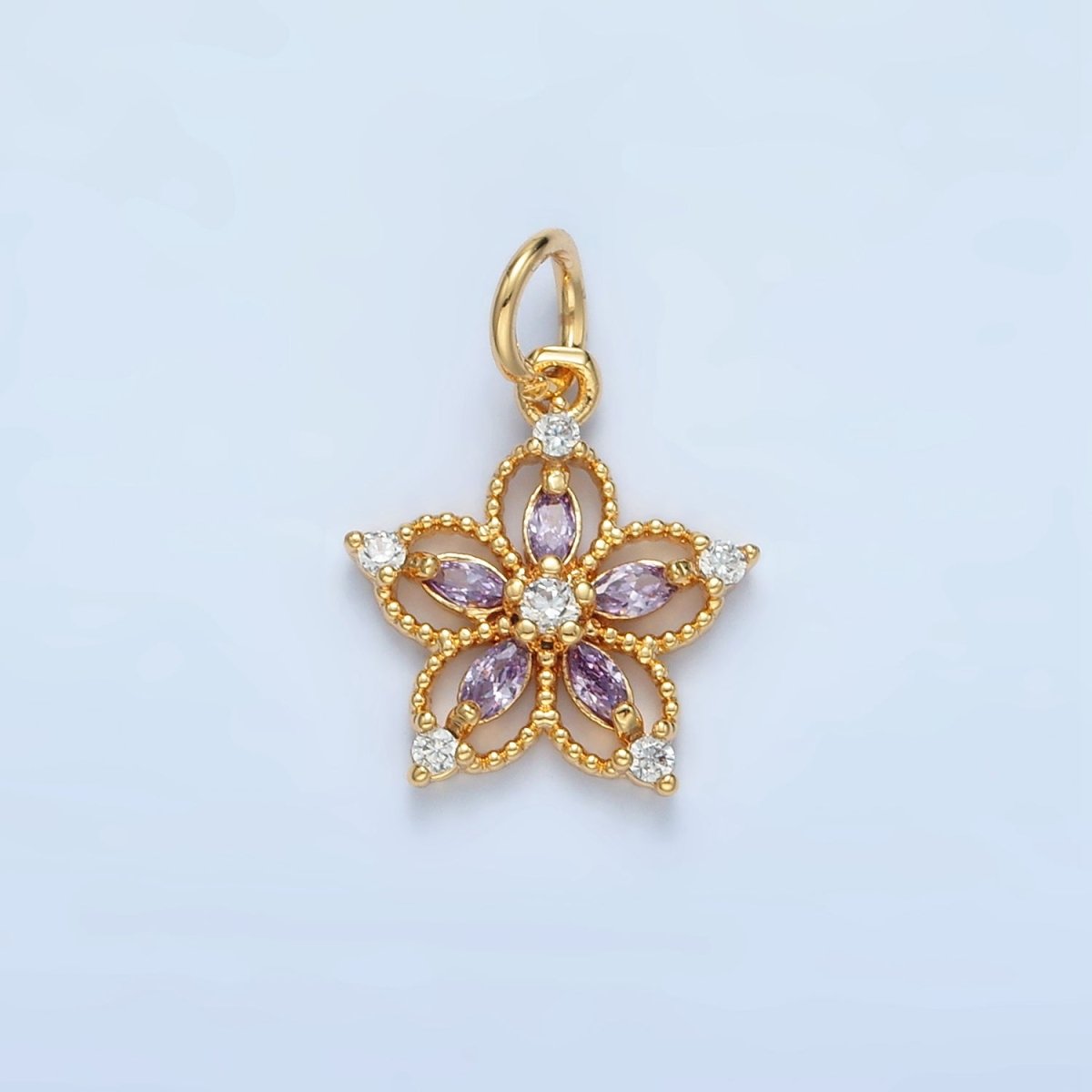24K Gold Filled Clear, Pink, Purple CZ Marquise Open Flower Charm | N1378 - DLUXCA