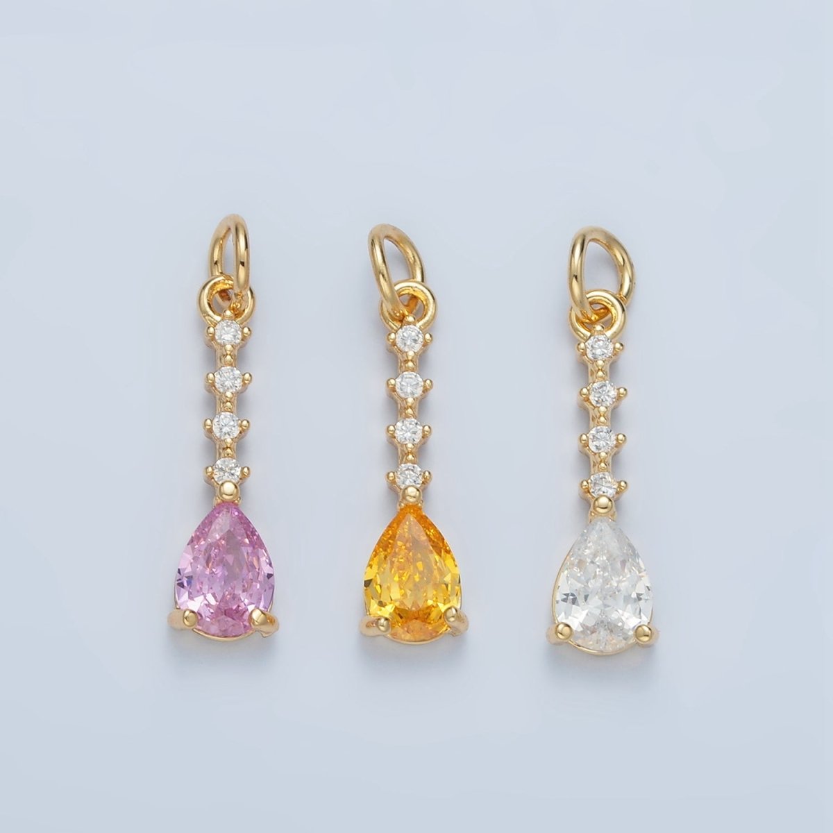 24K Gold Filled Clear, Pink, Yellow Teardrop CZ Linear Drop Charm | X557 X558 - DLUXCA