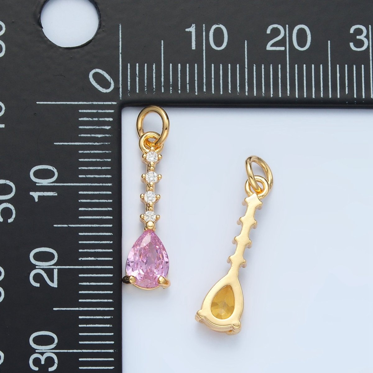 24K Gold Filled Clear, Pink, Yellow Teardrop CZ Linear Drop Charm | X557 X558 - DLUXCA