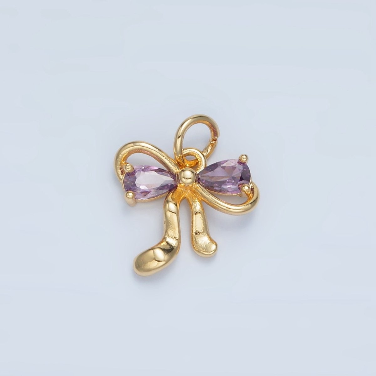 24K Gold Filled Clear, Purple CZ Ribbon Bow Charm | X563 - DLUXCA