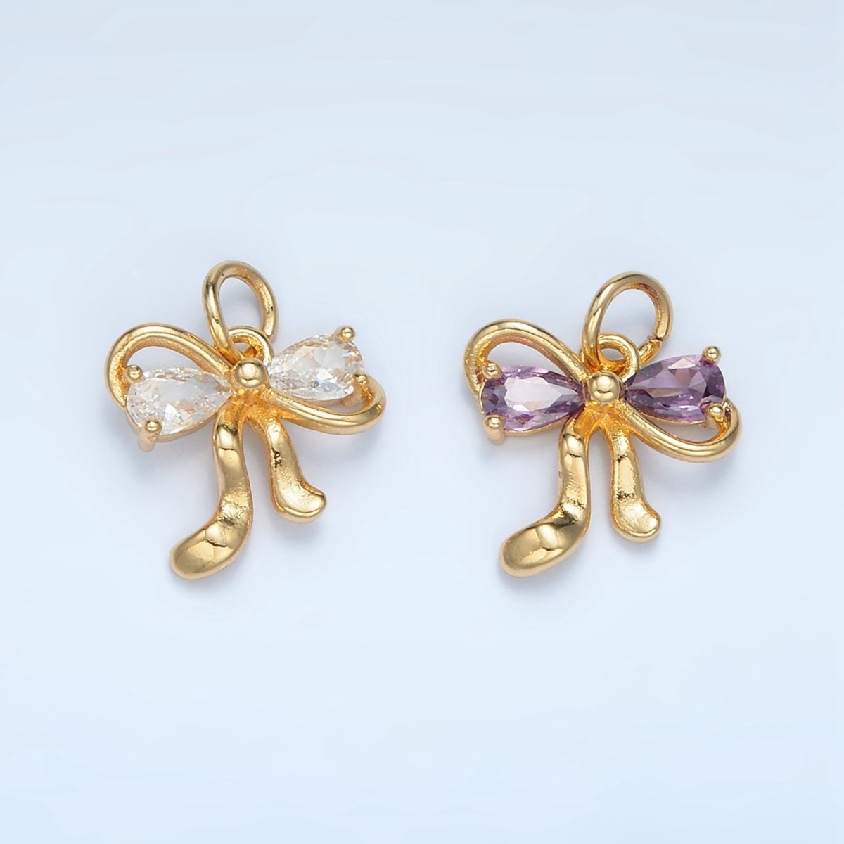 24K Gold Filled Clear, Purple CZ Ribbon Bow Charm | X563 - DLUXCA