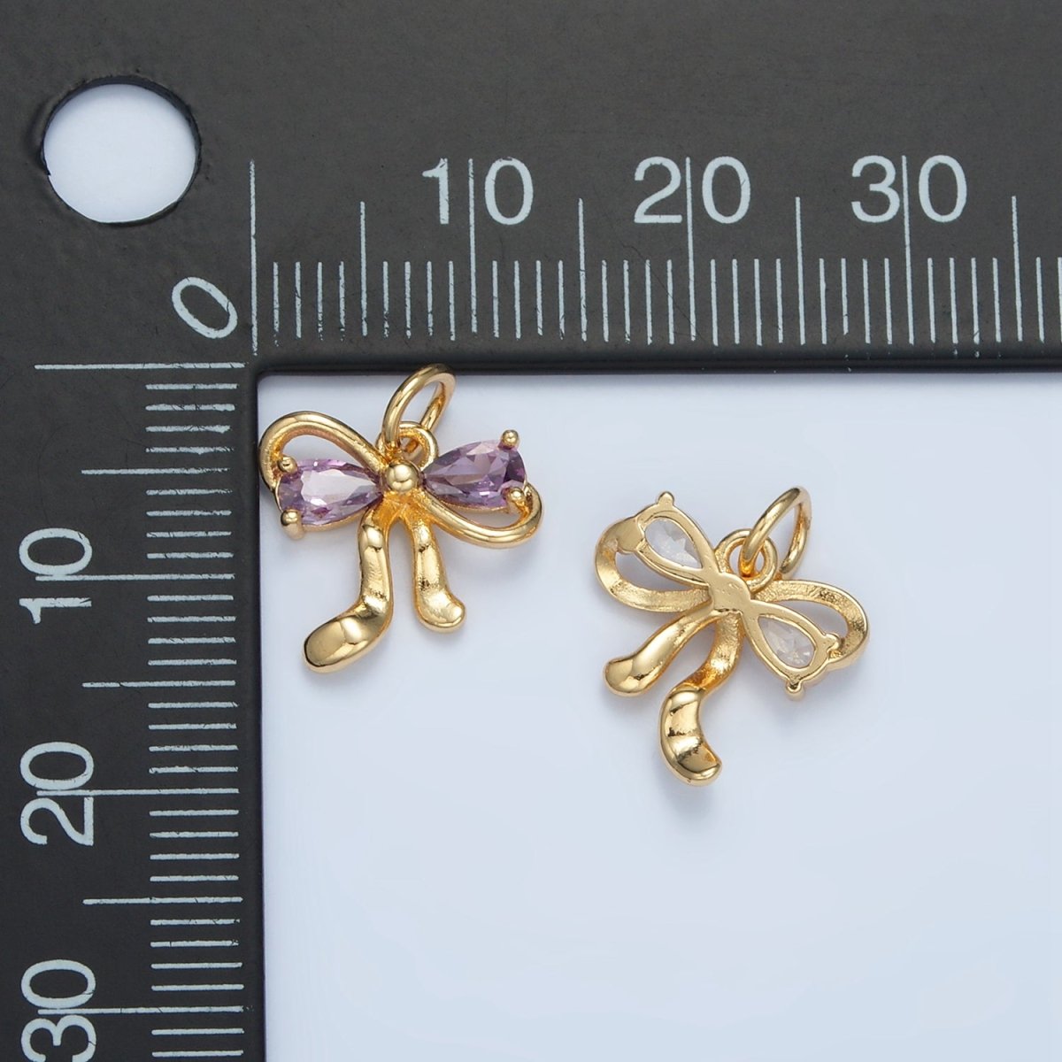 24K Gold Filled Clear, Purple CZ Ribbon Bow Charm | X563 - DLUXCA