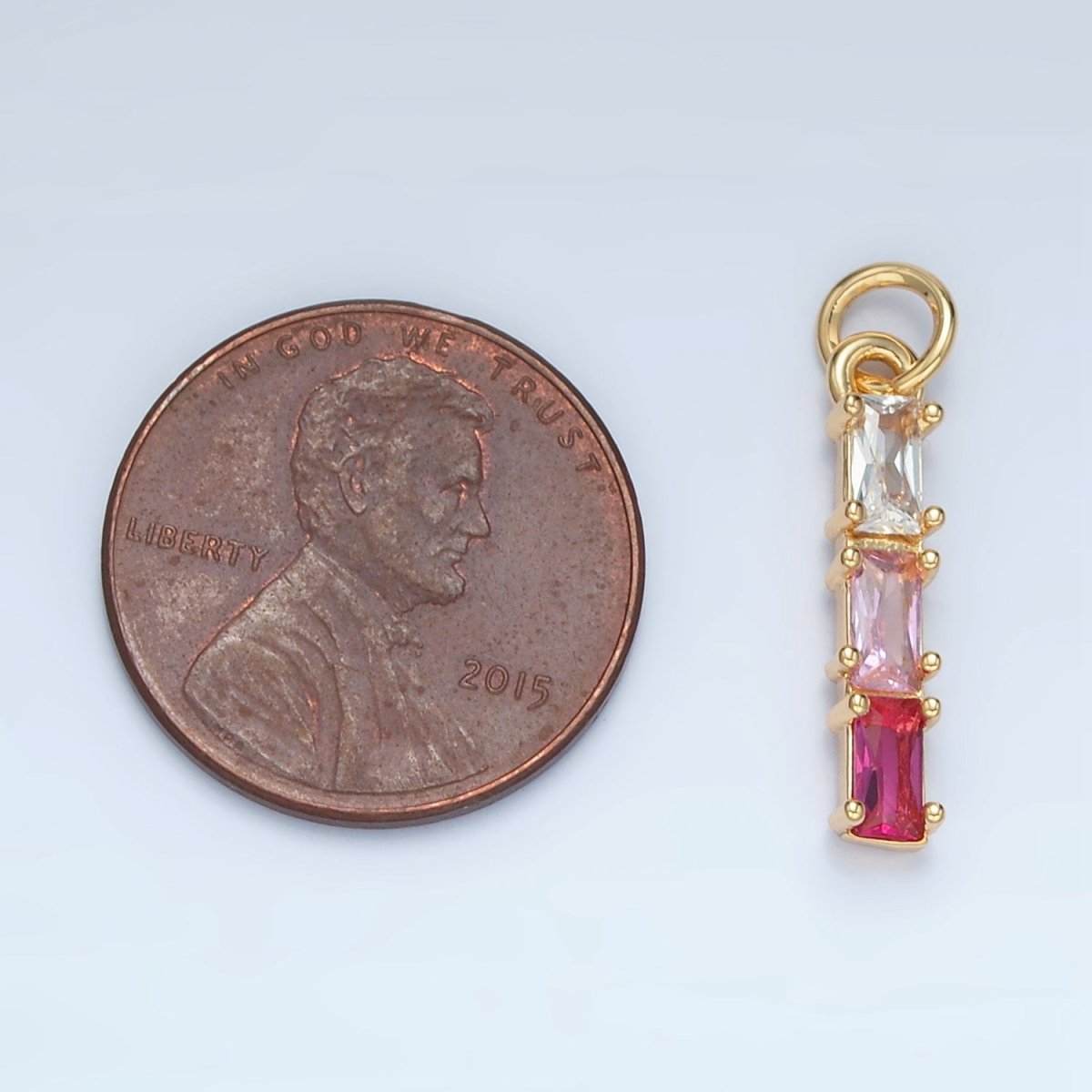 24K Gold Filled Clear, Purple, Green, Pink, Blue Gradient Triple Baguette CZ Linear Charm | X570 - X572 - DLUXCA