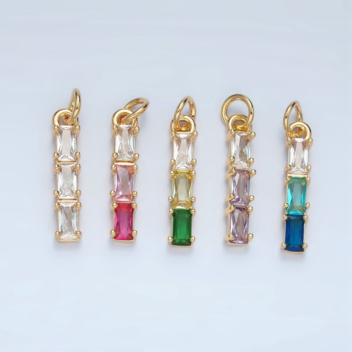 24K Gold Filled Clear, Purple, Green, Pink, Blue Gradient Triple Baguette CZ Linear Charm | X570 - X572 - DLUXCA
