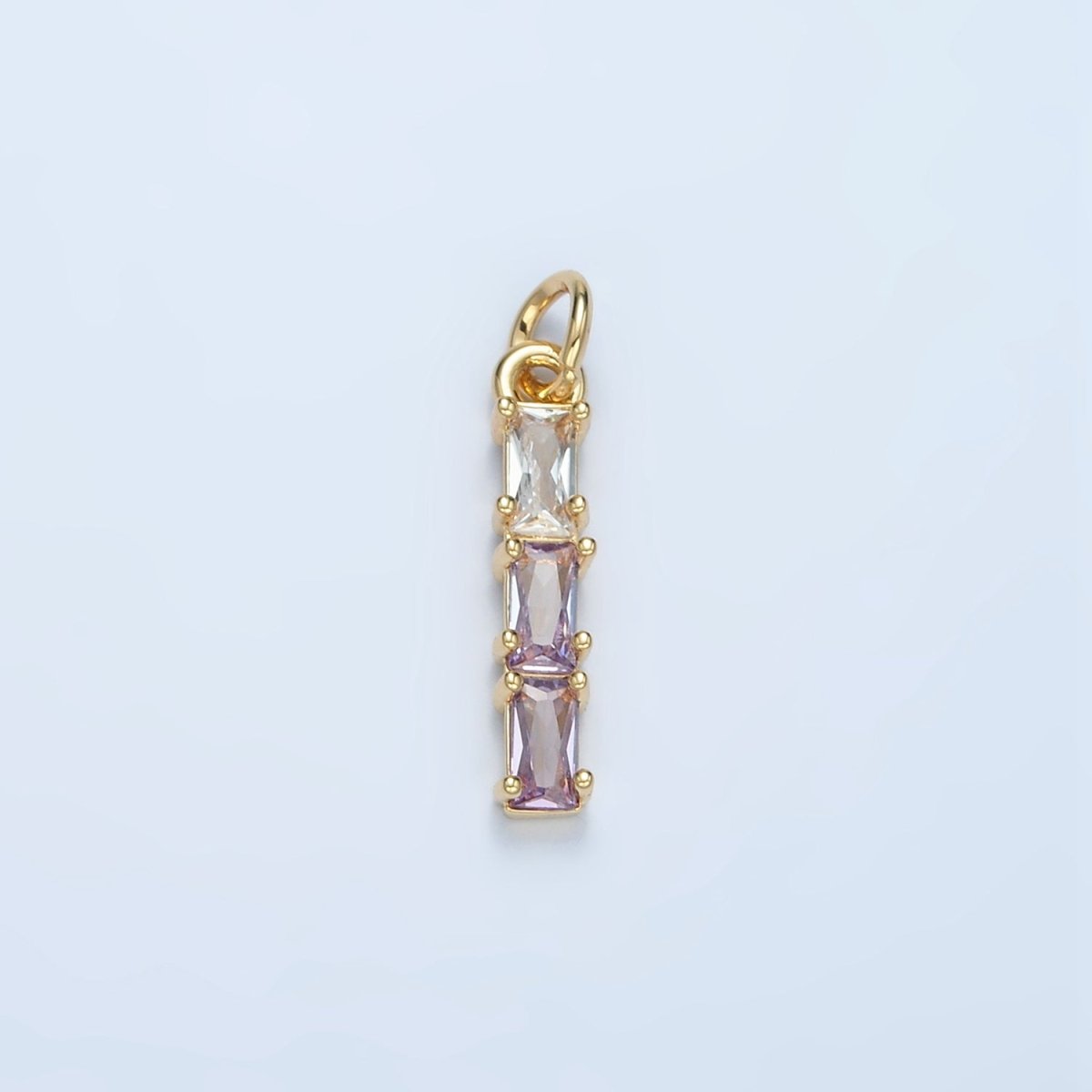 24K Gold Filled Clear, Purple, Green, Pink, Blue Gradient Triple Baguette CZ Linear Charm | X570 - X572 - DLUXCA