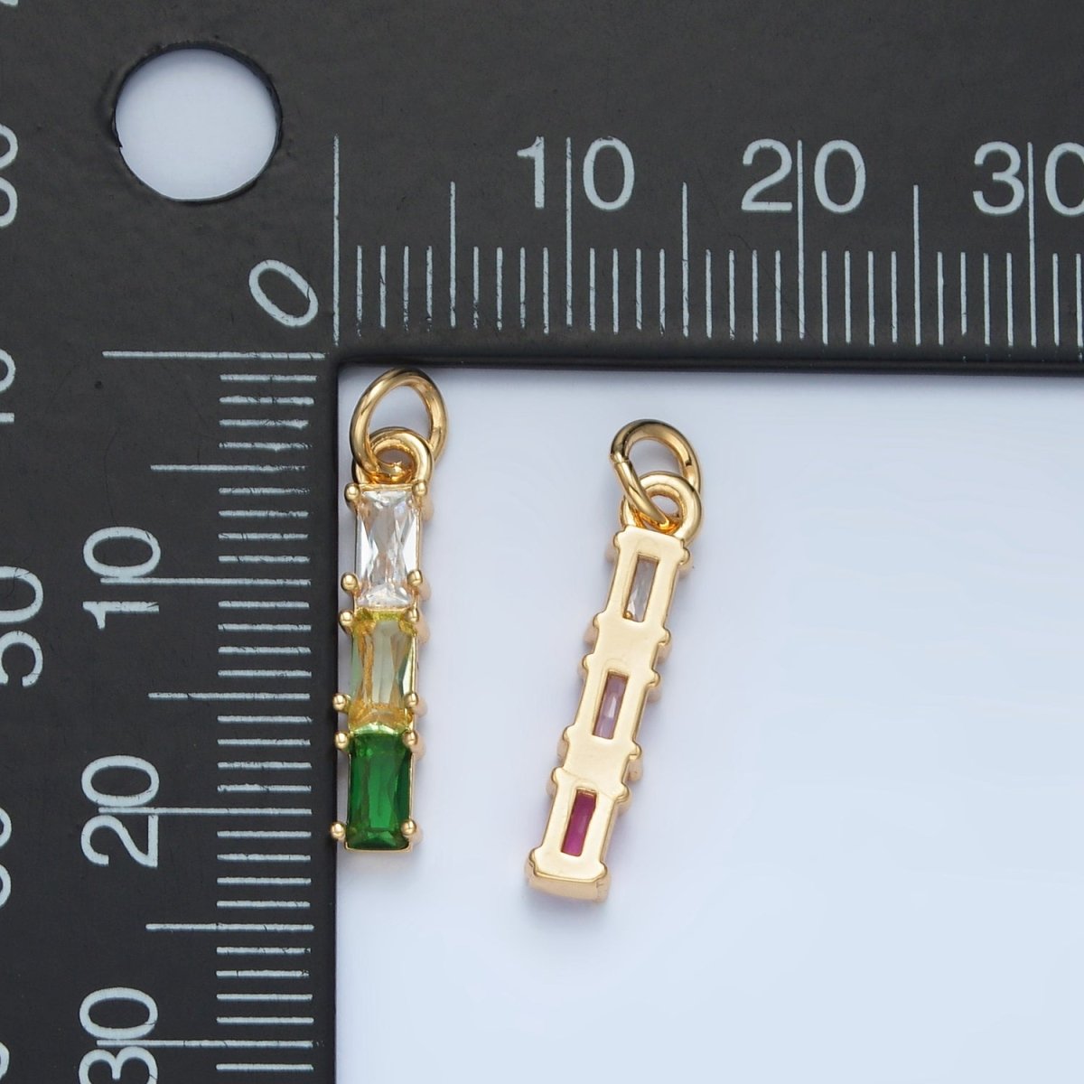 24K Gold Filled Clear, Purple, Green, Pink, Blue Gradient Triple Baguette CZ Linear Charm | X570 - X572 - DLUXCA