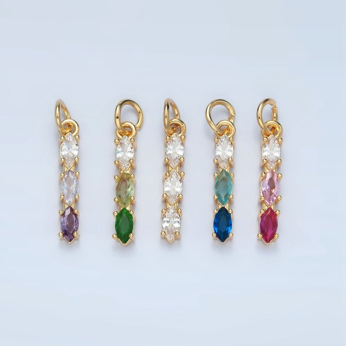 24K Gold Filled Clear, Purple, Green, Pink, Blue Gradient Triple Marquise CZ Linear Charm | X565 - X567 - DLUXCA