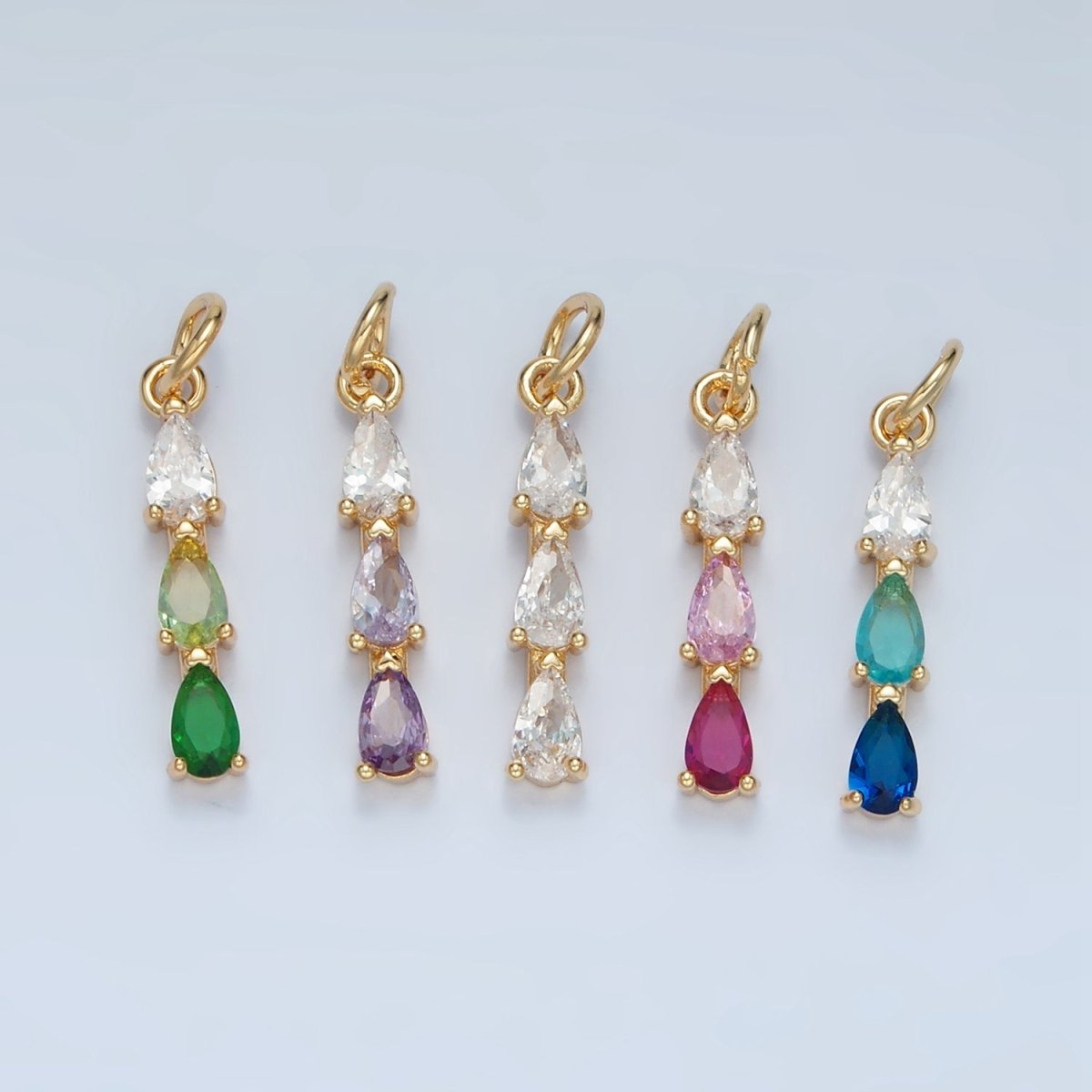 24K Gold Filled Clear, Purple, Green, Pink, Blue Gradient Triple Teardrop CZ Linear Charm | X573 - X575 - DLUXCA