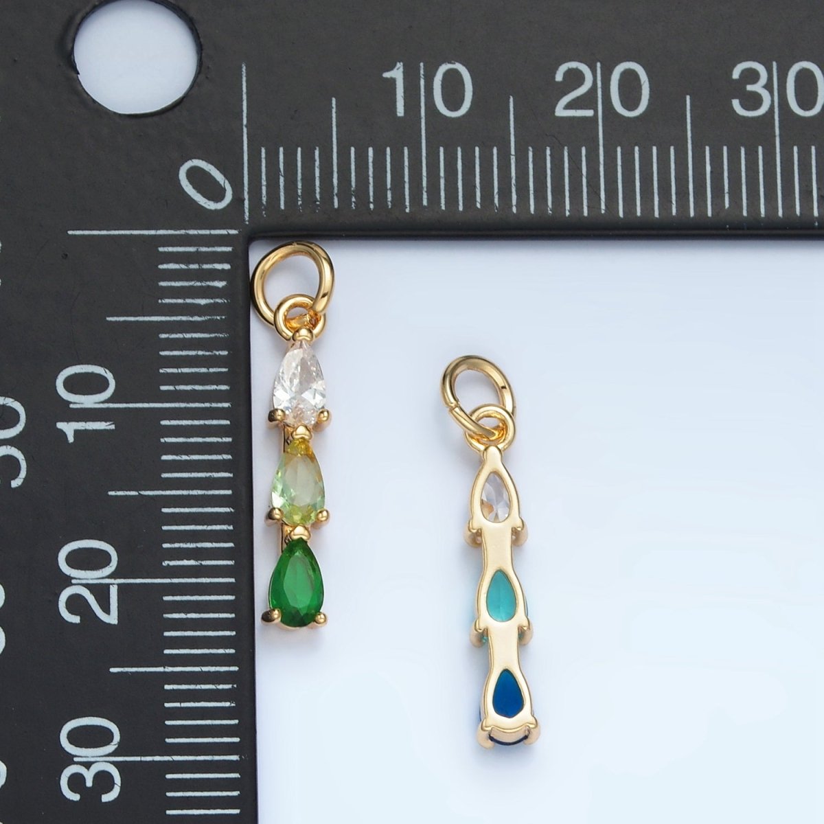 24K Gold Filled Clear, Purple, Green, Pink, Blue Gradient Triple Teardrop CZ Linear Charm | X573 - X575 - DLUXCA