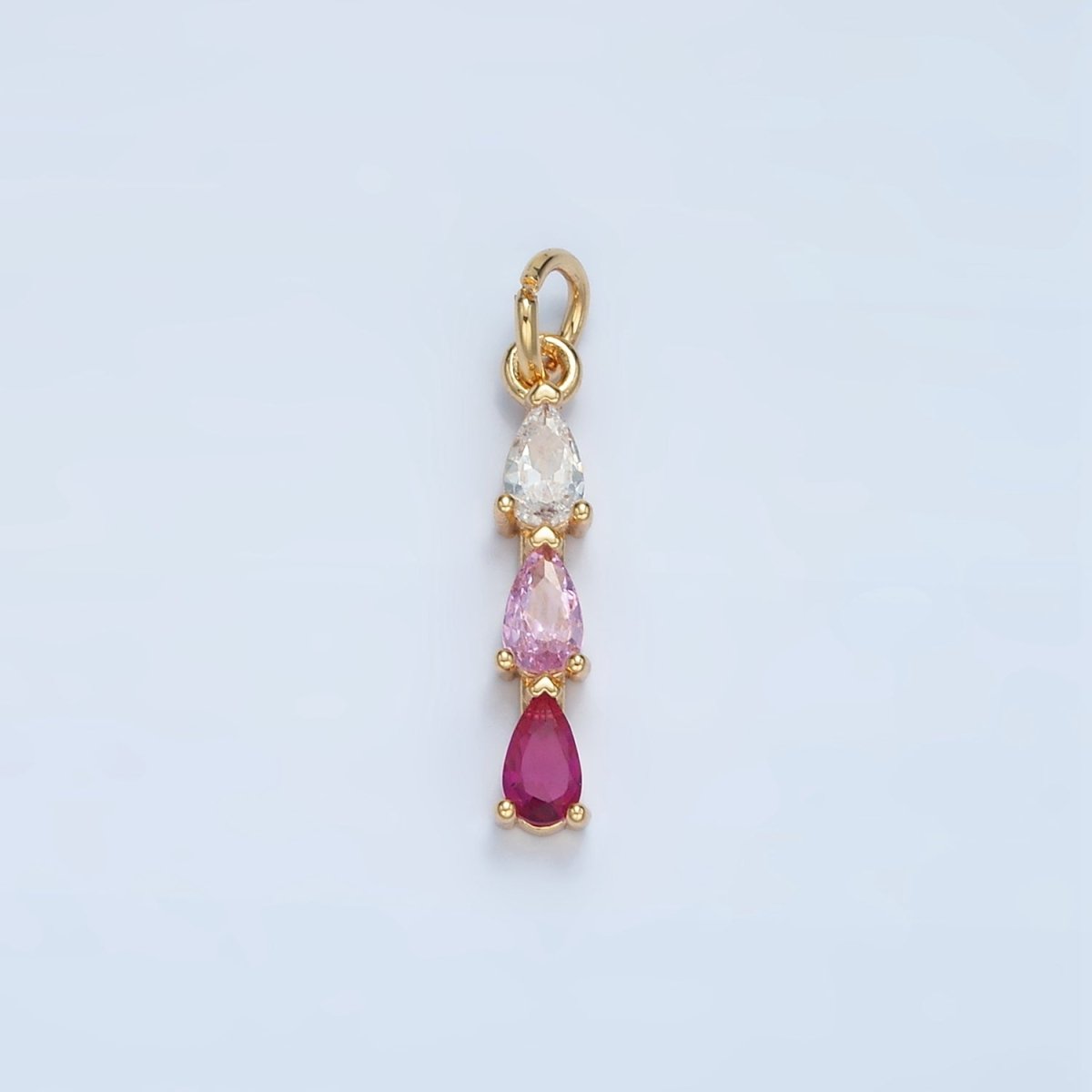 24K Gold Filled Clear, Purple, Green, Pink, Blue Gradient Triple Teardrop CZ Linear Charm | X573 - X575 - DLUXCA