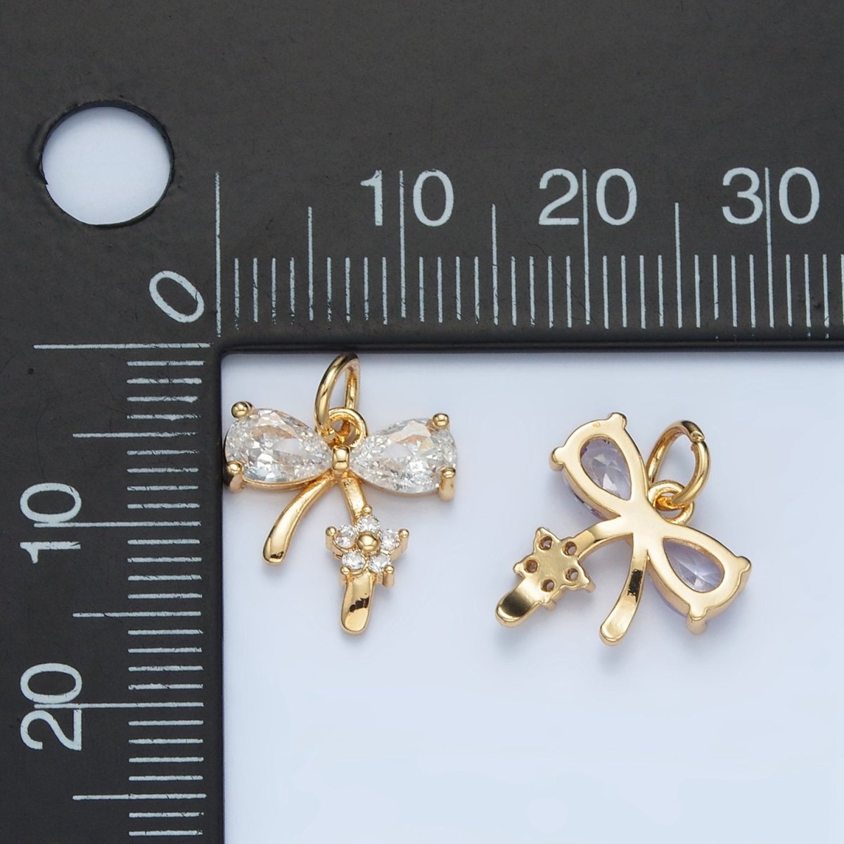 24K Gold Filled Clear, Purple, Pink CZ Ribbon Bow Flower Charm | AG891 AG892 - DLUXCA