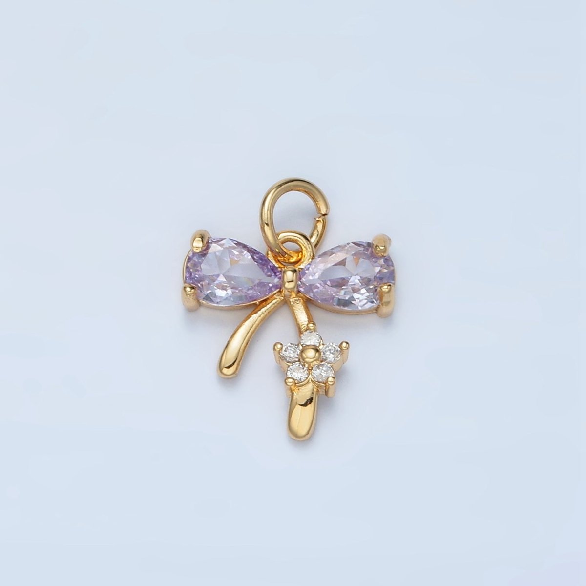 24K Gold Filled Clear, Purple, Pink CZ Ribbon Bow Flower Charm | AG891 AG892 - DLUXCA