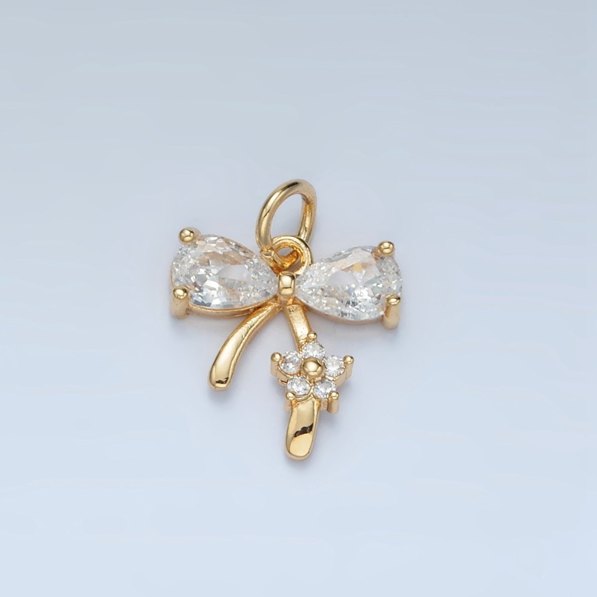 24K Gold Filled Clear, Purple, Pink CZ Ribbon Bow Flower Charm | AG891 AG892 - DLUXCA