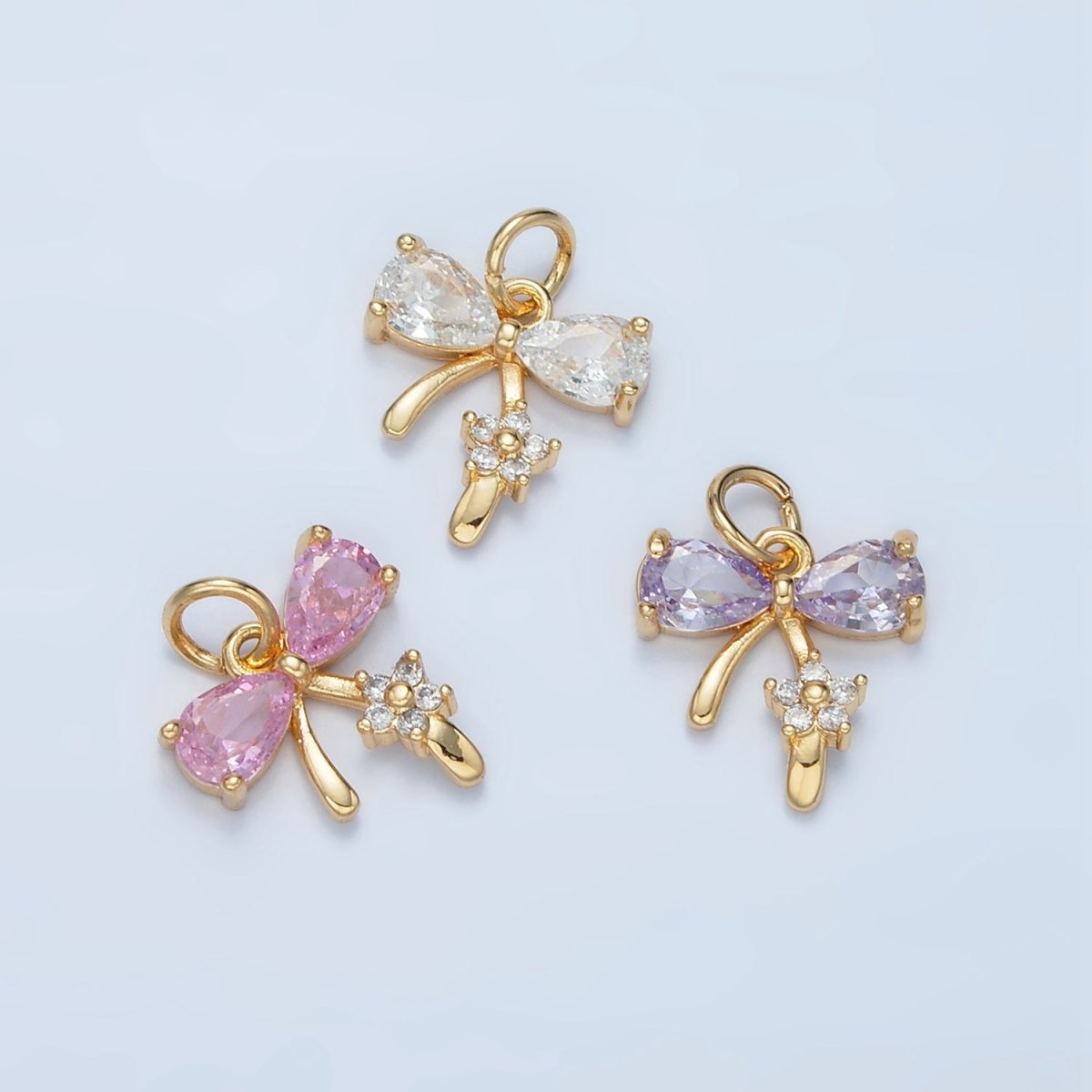 24K Gold Filled Clear, Purple, Pink CZ Ribbon Bow Flower Charm | AG891 AG892 - DLUXCA