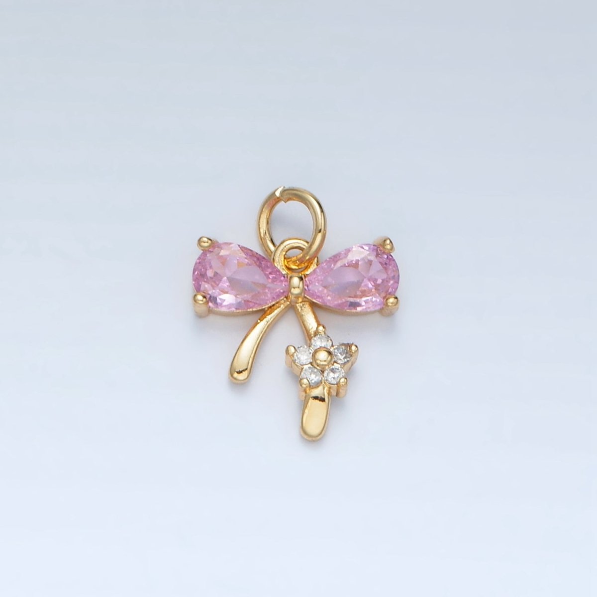 24K Gold Filled Clear, Purple, Pink CZ Ribbon Bow Flower Charm | AG891 AG892 - DLUXCA