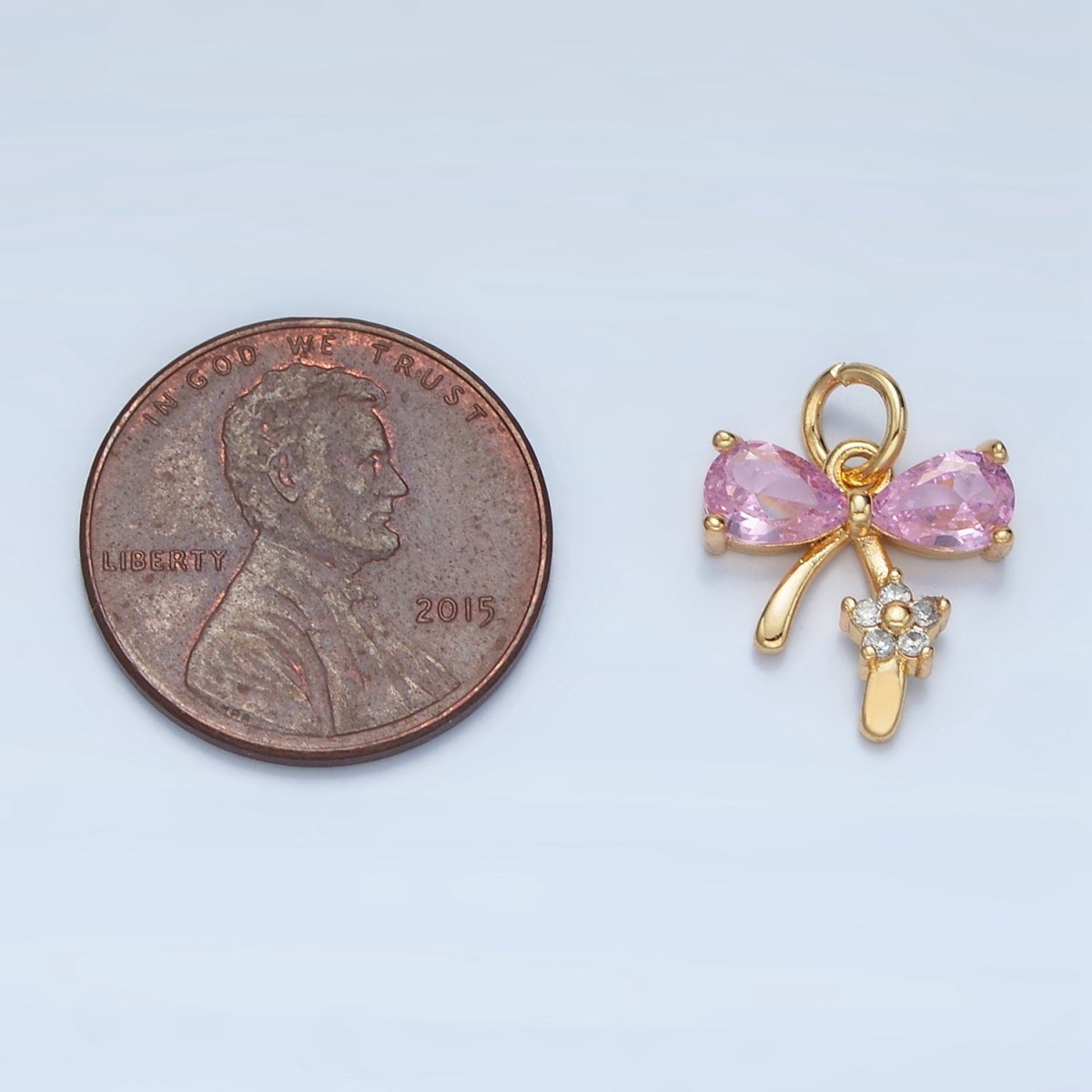 24K Gold Filled Clear, Purple, Pink CZ Ribbon Bow Flower Charm | AG891 AG892 - DLUXCA