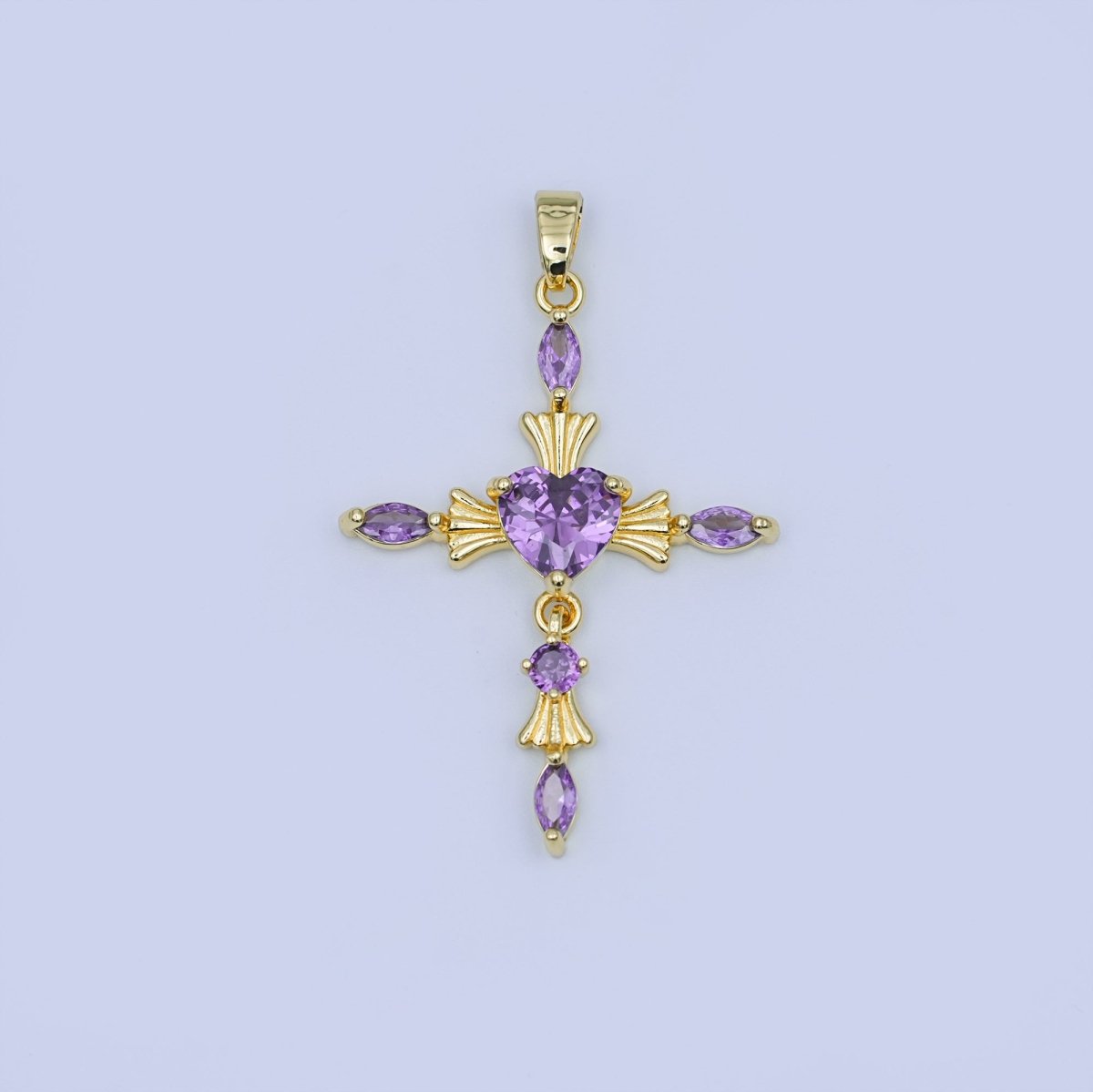 24K Gold Filled Clear, Purple, Pink, Red Marquise Heart Religious Cross Pendant | AH436 AH437 - DLUXCA