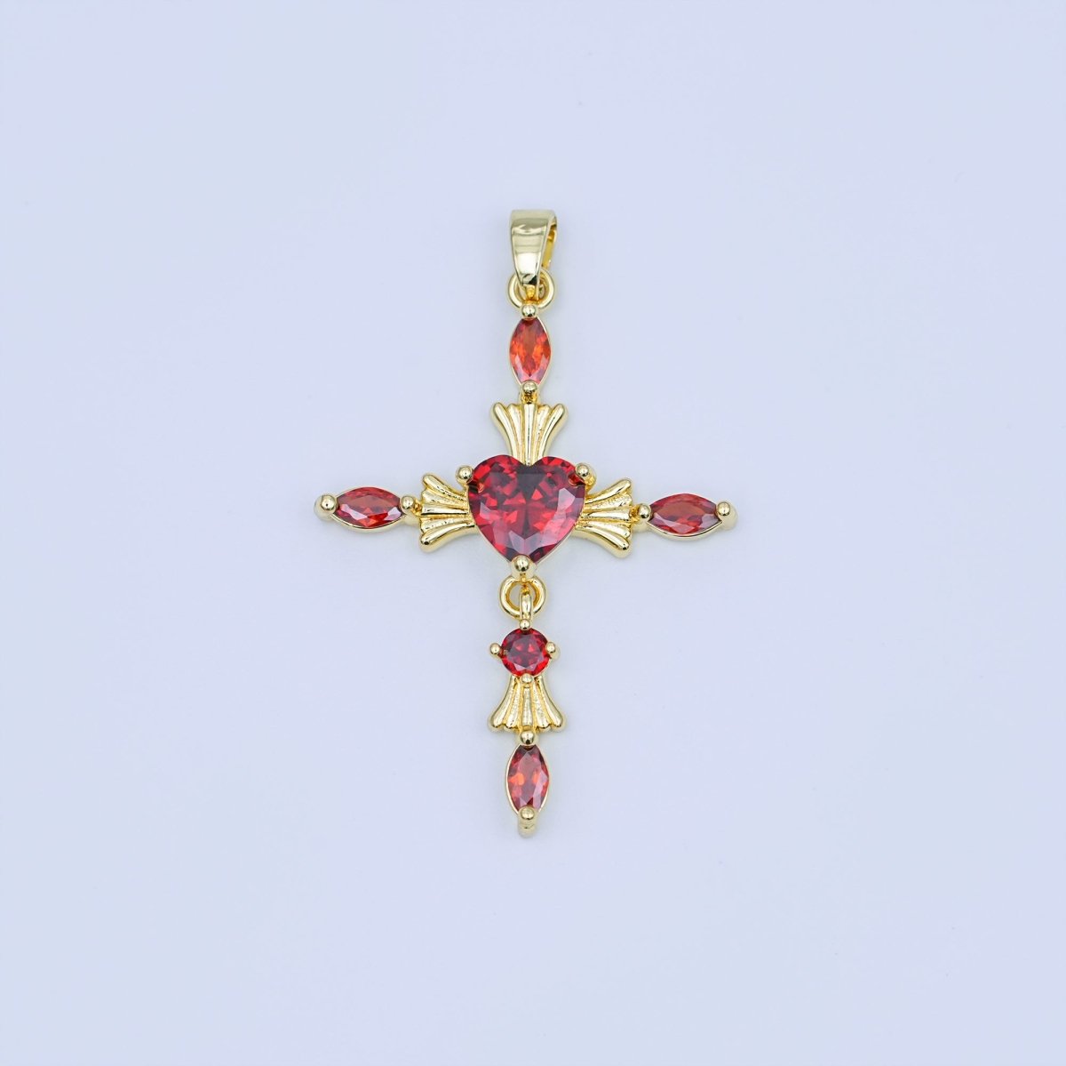 24K Gold Filled Clear, Purple, Pink, Red Marquise Heart Religious Cross Pendant | AH436 AH437 - DLUXCA