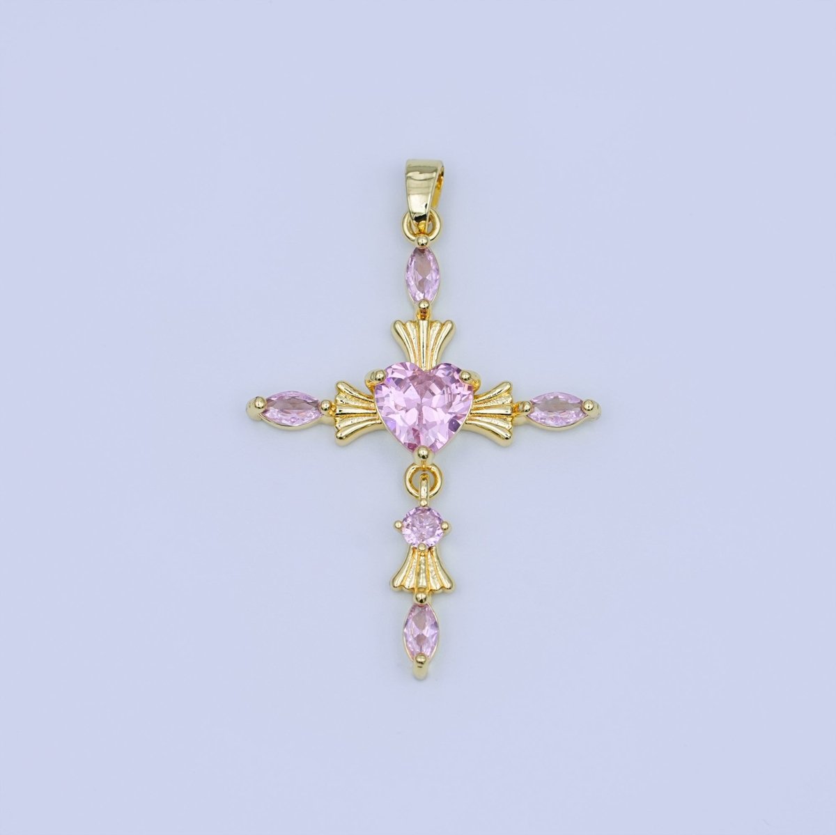 24K Gold Filled Clear, Purple, Pink, Red Marquise Heart Religious Cross Pendant | AH436 AH437 - DLUXCA