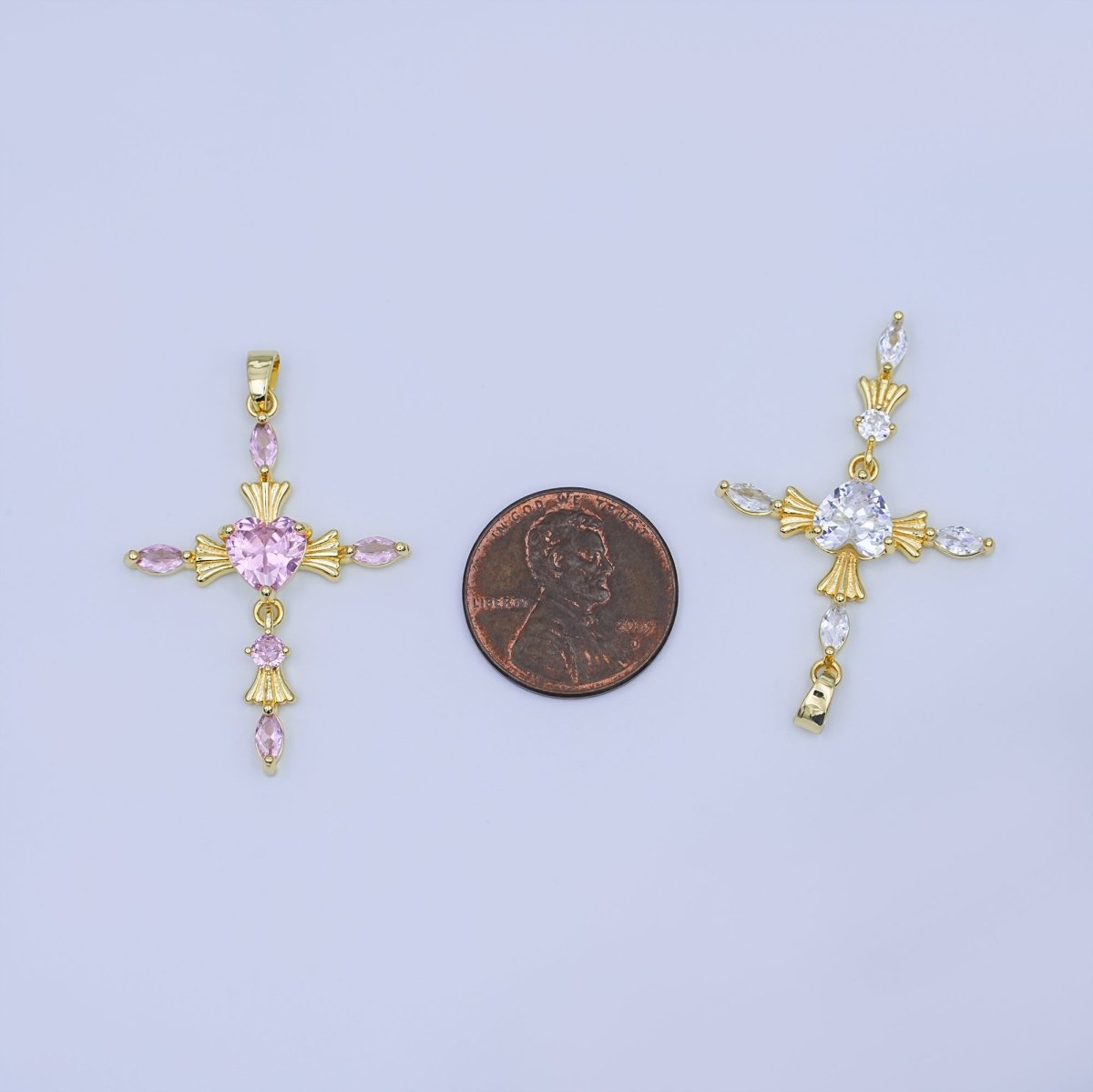 24K Gold Filled Clear, Purple, Pink, Red Marquise Heart Religious Cross Pendant | AH436 AH437 - DLUXCA
