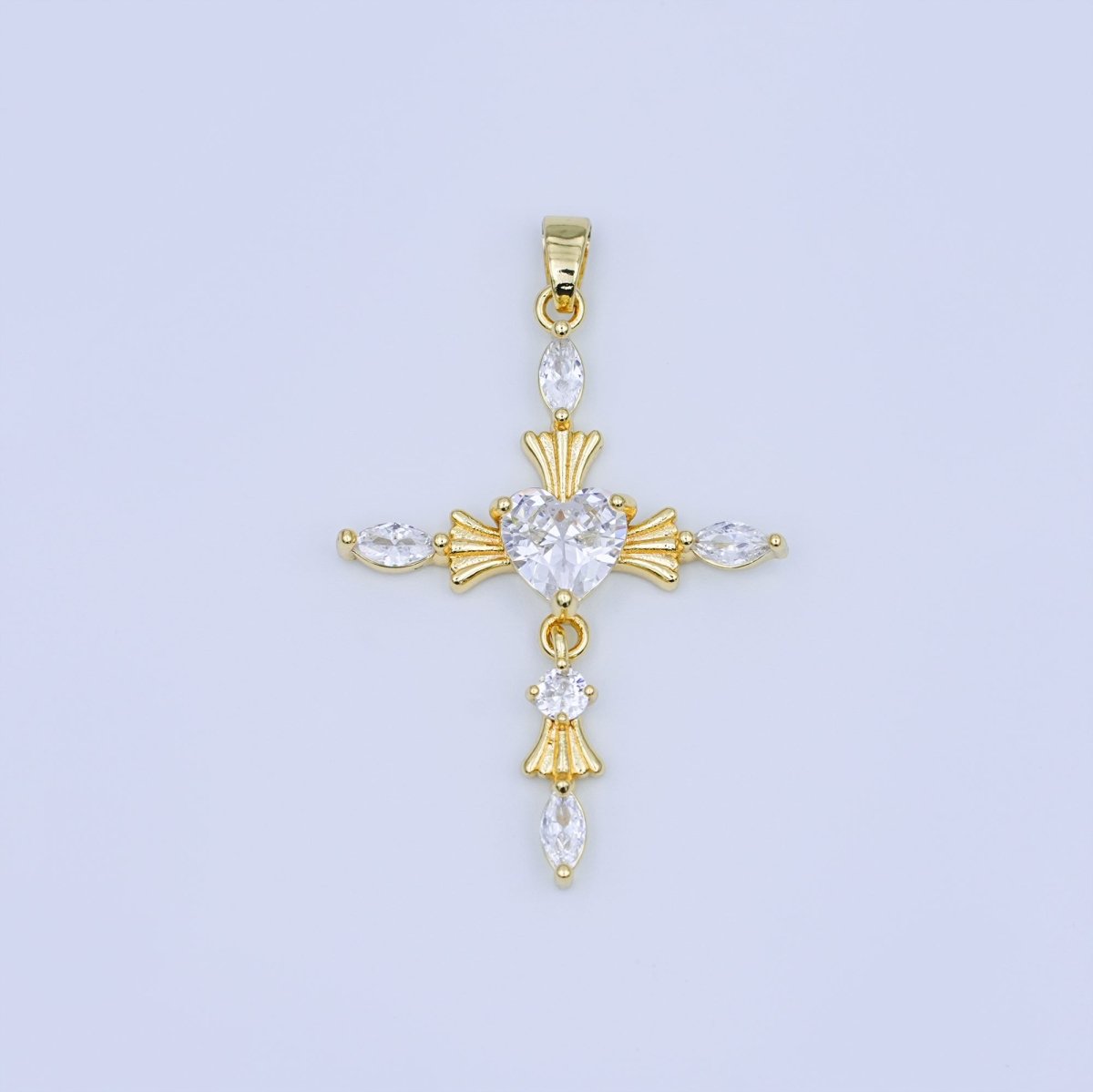 24K Gold Filled Clear, Purple, Pink, Red Marquise Heart Religious Cross Pendant | AH436 AH437 - DLUXCA