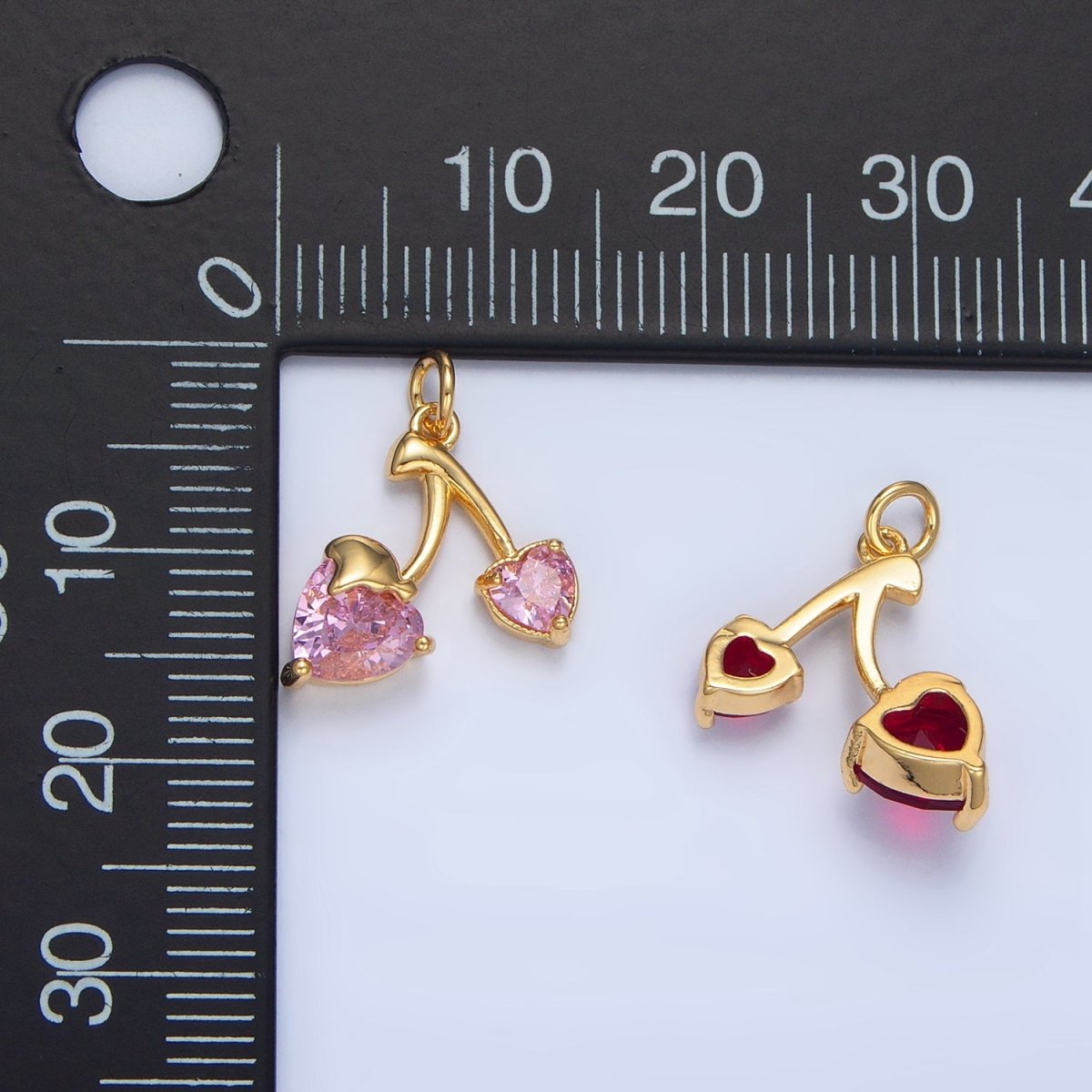 24K Gold Filled Clear, Red, Pink CZ Cherry Fruit Mini Charm | X601 X602 - DLUXCA