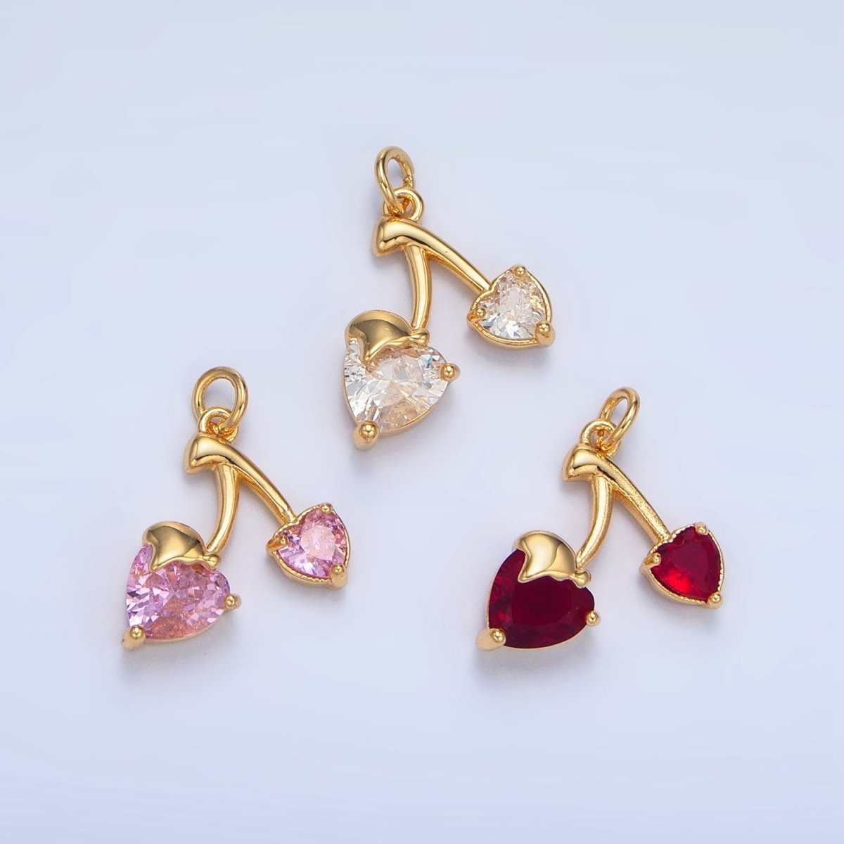 24K Gold Filled Clear, Red, Pink CZ Cherry Fruit Mini Charm | X601 X602 - DLUXCA