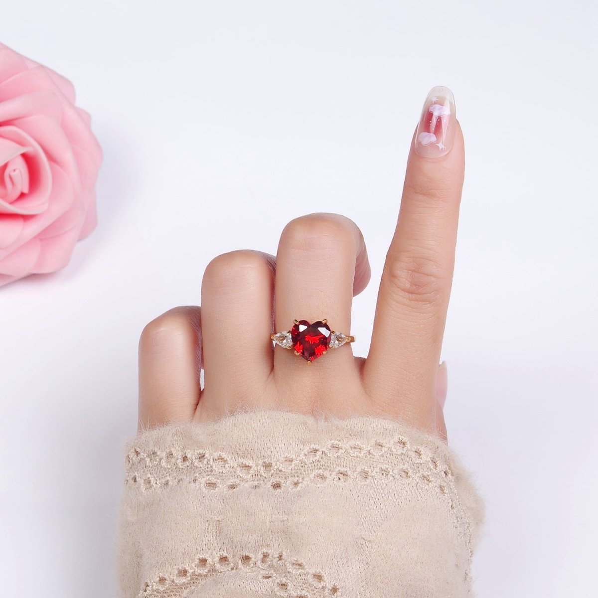 24K Gold Filled Clear, Red, Pink Yellow CZ Heart Solitaire Ring | R211 - R212 - DLUXCA