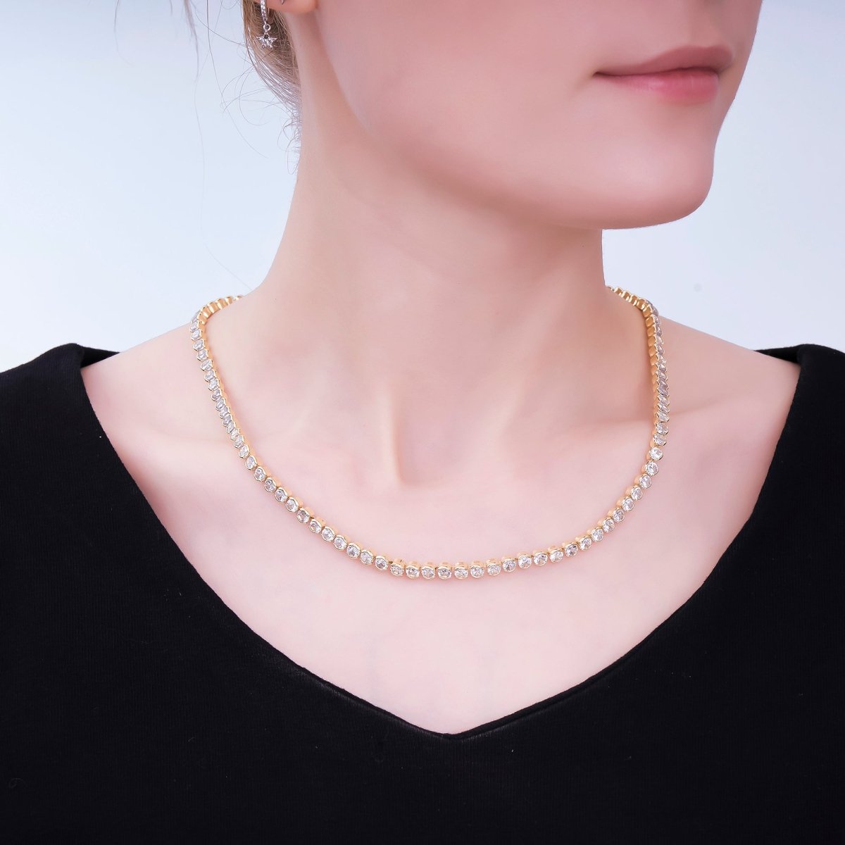 24K Gold Filled Clear Round CZ Box Clasp Tennis Necklace 18.81 Inch | WA - 3406 - DLUXCA