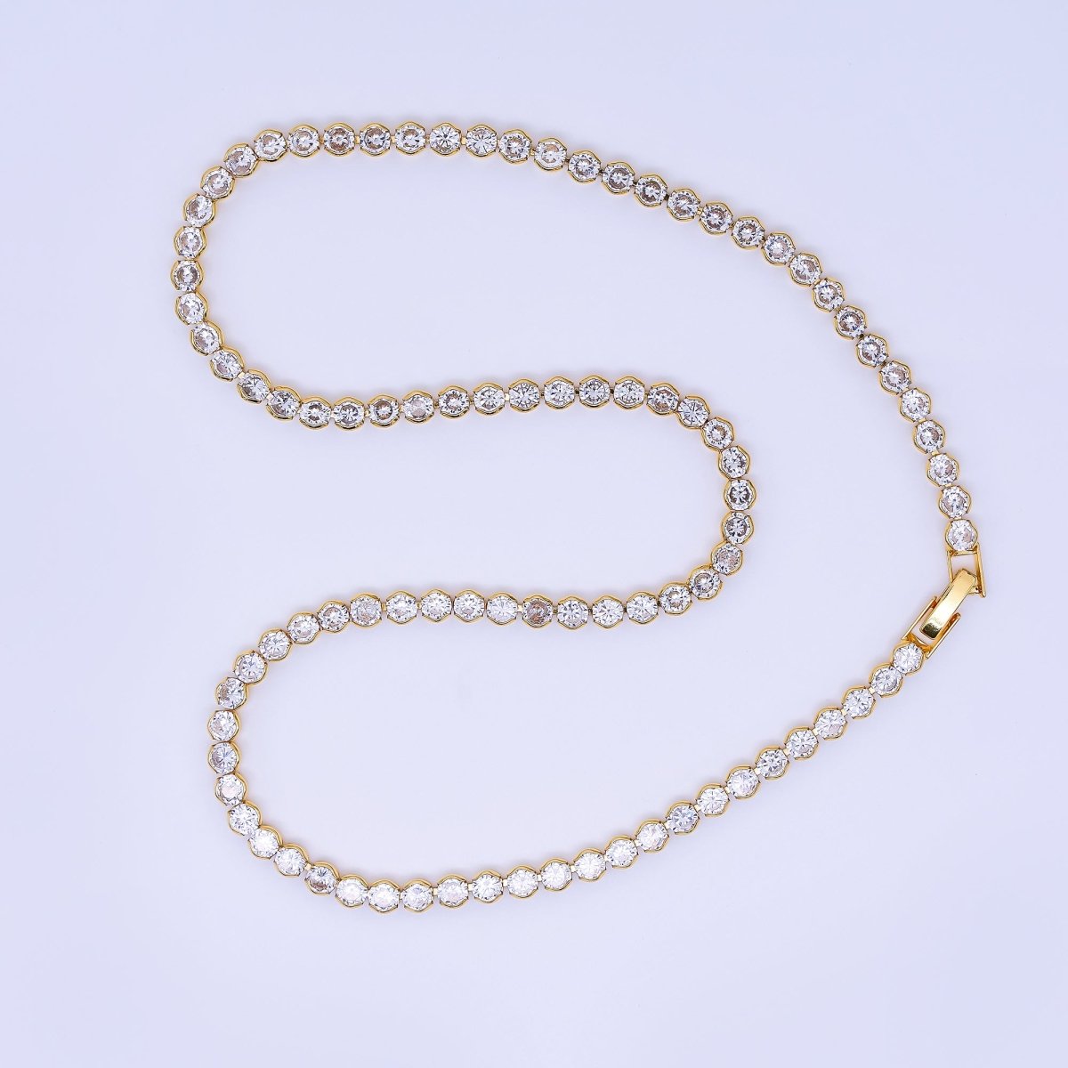 24K Gold Filled Clear Round CZ Box Clasp Tennis Necklace 18.81 Inch | WA - 3406 - DLUXCA