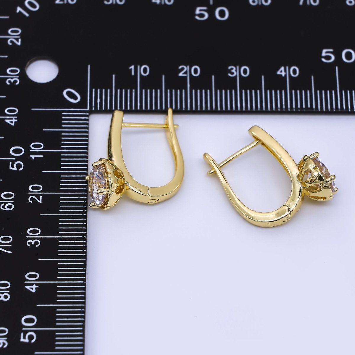 24K Gold Filled Clear Round CZ Classic Solitaire English Lock Hoops Earrings | AJ - 058 - DLUXCA